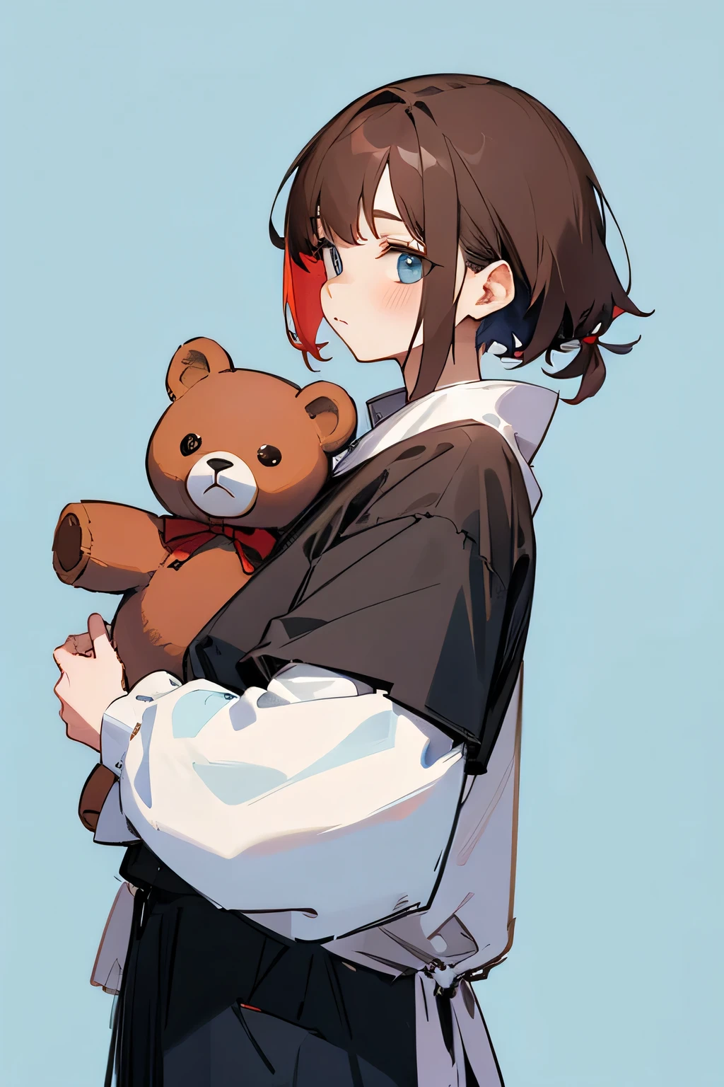 girl。young。boyish。Hair style is mash。hair color is brown。hugging a teddy bear。The background is light blue。