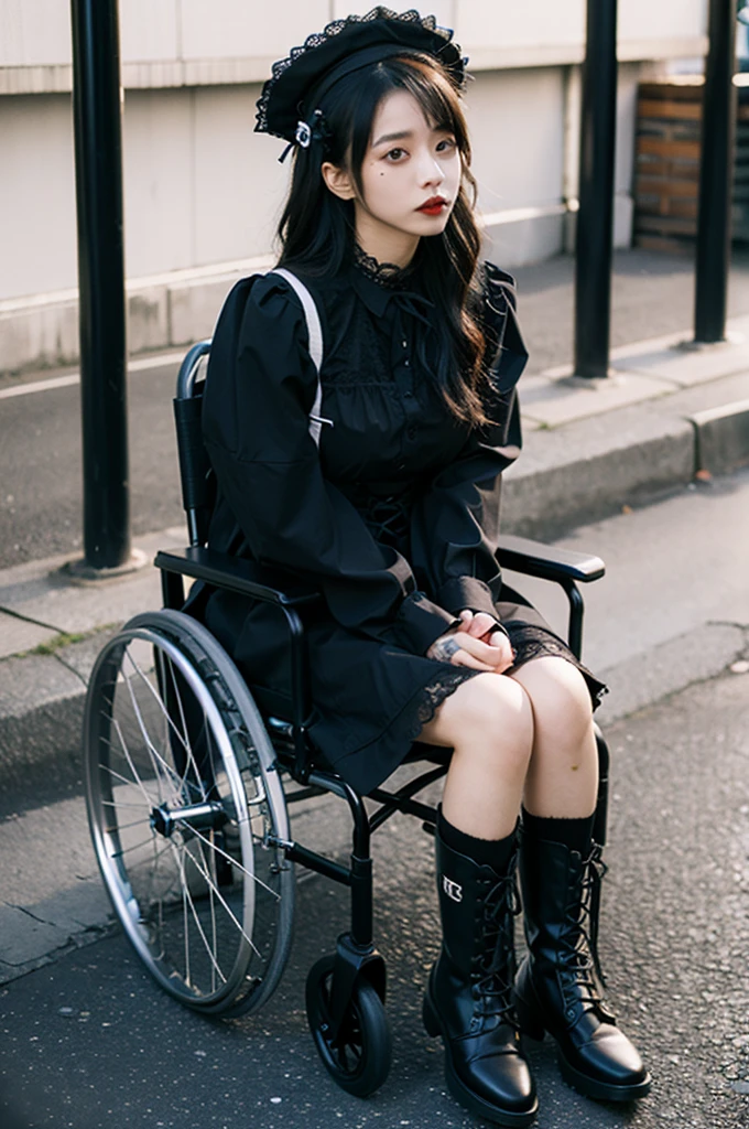 Gothic Lolita fashion girl sitting in a wheelchair, gothicファッション, lace up boots, gothic, full body tattoo, tits,