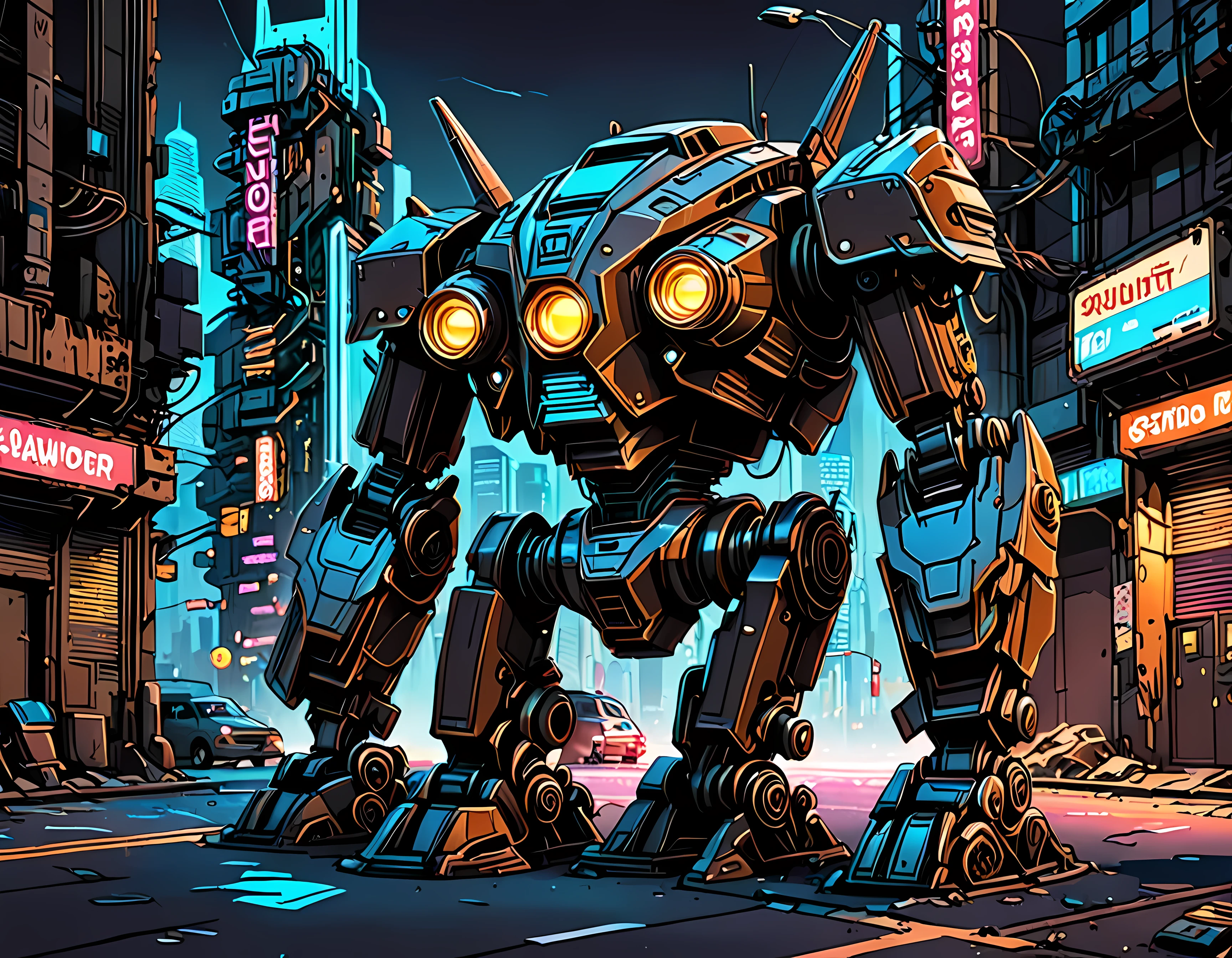 Vector Cartoon Illustration, the abandoned mechanoid with a weathered and rusted metallic body, its intricate design blends art deco influences with advanced technology, glowing neon accents, geometric patterns, oversized gauntlets, and delicate vine-like details, a silent guardian amidst a neon-lit cityscape, masterpiece in maximum 16K resolution, superb quality. | ((More_Detail))