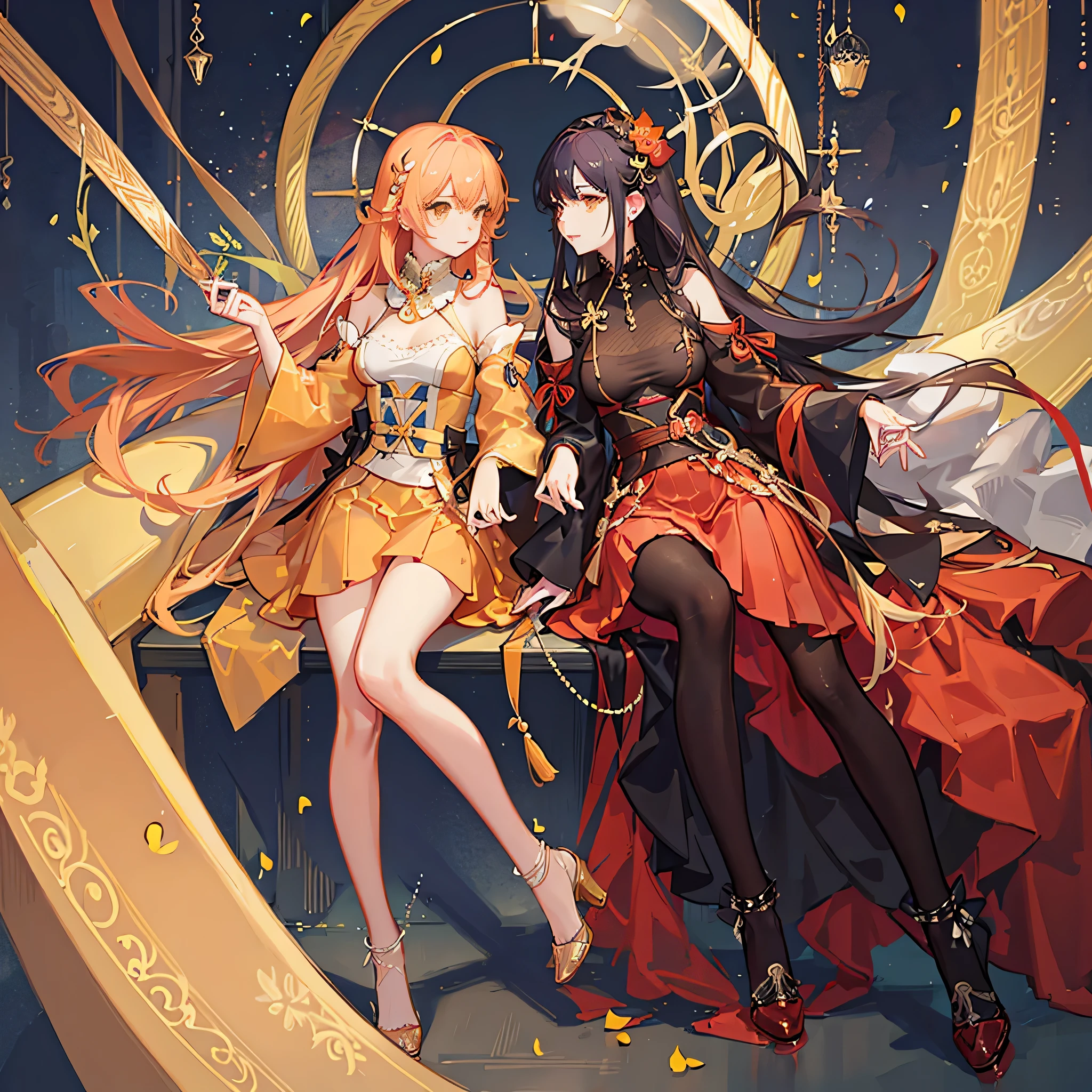 long hairstyle、straight。hair color is orange。Clothes are orange。clear。modest chest。slightly longer skirt。Moe sleeves。beautiful girl。