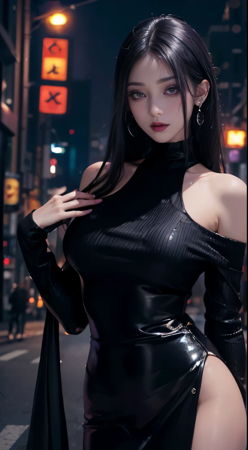 4k-ultra sharp、highest quality, masterpiece, ultra high resolution, (reality: 1.4),  1 girl, purple eyes, Off-the-shoulder sweater dresses, cinematic lighting、purple and black hair、(mine girl、goth makeup、mine makeup)、(Pierced ears、big breasts、Oversized black T-shirt with open shoulders、dark mini skirt)、((dark makeup、oil skin,sparkling skin、realistic skin texture、detailed beautiful skin、shiny skin)), dark downtown area at night、kabukicho、Dark Cyberpunk、(full shot:1.8)、thin legs、thin arms、thin shoulders、thin waist、slender body、big breasts、whole body