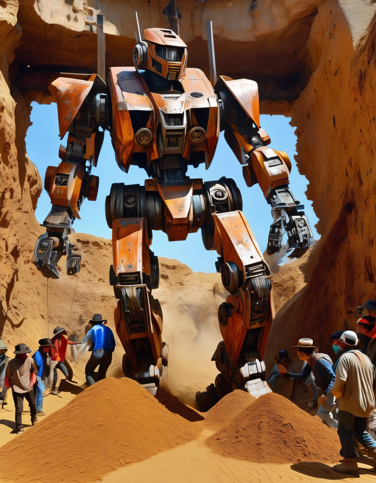 in style of Diego Velázquez, beautiful details,A huge abandoned mecha is being dragged out of a huge, super deep pit by many people.,Covered in rust and mud,Broken body,Sand,archaeological pit,on site,