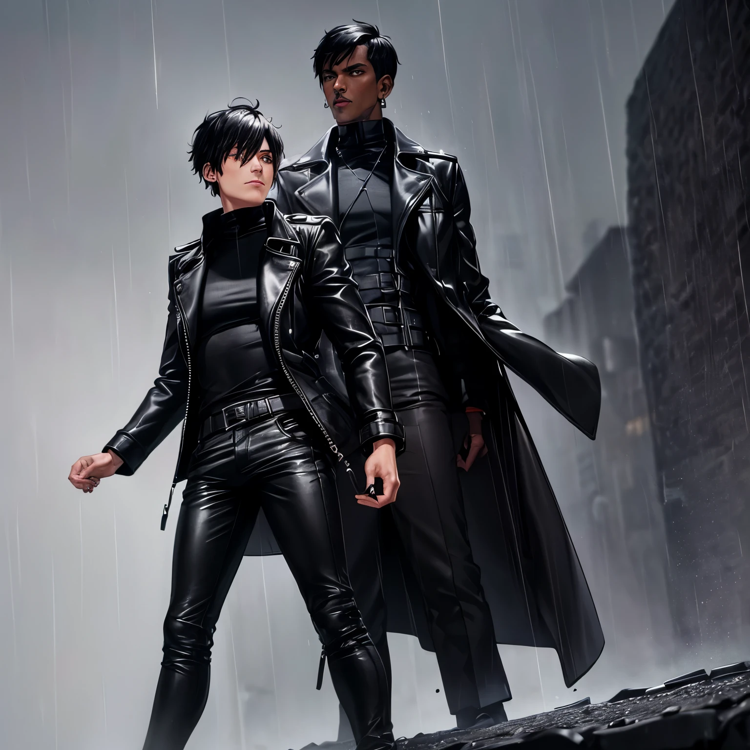 1man, (((male))), (((youthful, age 27))), (((short black hair))), (((dark-skinned))), (((serious))), (((black leather coat))), (((black high-neck top))), (((black trousers))), (((black high-heel boots))), (((black earrings))), (((black and grey backdrop))), (((raining)))