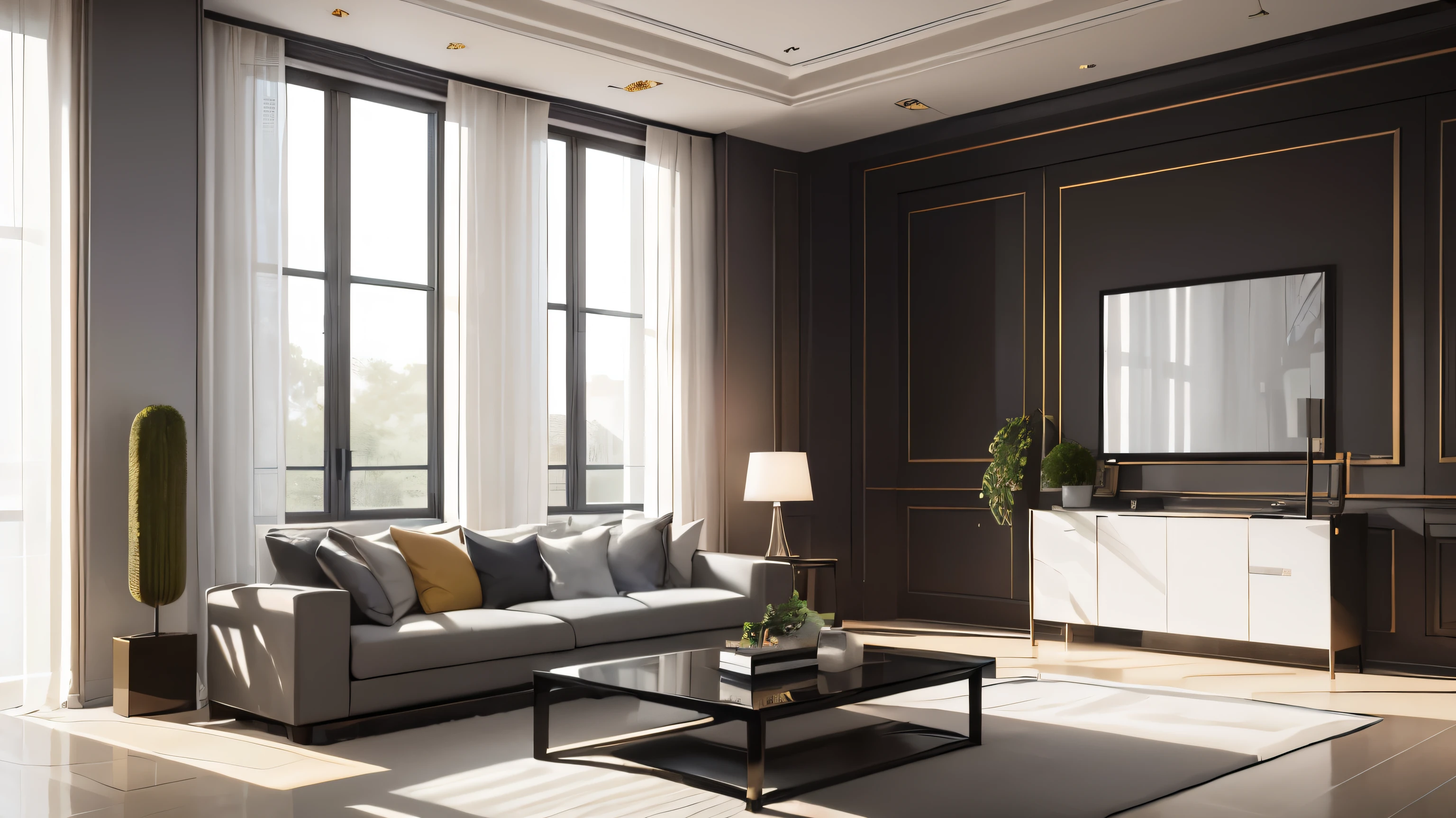 you are a famous interior designer、I was asked to create a 3D image of a large modern room.。. Create a harmonious environment with modern and minimalist furniture. Including garden interior.