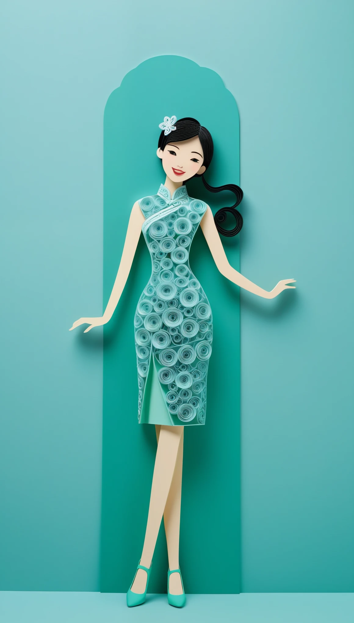 (paper art,layered paper art,paper quilling,paper-cut,paper sculpture), 1 Cheongsam woman，Slender figure，perfectly proportions，Delicate hair accessories, full body, smile，Oriental elements，simple background, mint green,  (Soft Lighting, Bokeh)