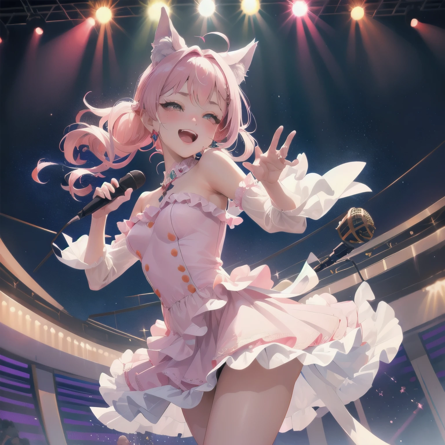 dynamic angle, perfect human hand, Highly detailed human fingers, upper body, girl 1.2 people, laugh, wolf ears, wolf tail, pink eyes, hair between eyes, ((((wink))), d cup, split, striped hair, (((((Gorgeous hair color: 1))))), various hairstyles: 1, twin tail, Highly detailed gradient hair, idol clothes, professional designer, Ruffled dress, LoveLive, jewel, behind the scenes, the best stage, climax, professional stage, ((Hold the microphone with your left hand and sing emotionally, overflowing emotions, best laugh))), singer, singer: 1, Idol, prima donna, professional stage, professional lighting, live lights, distraction, fan service: 1, (Satellite photo seen from the audience seat)))), ((Pankyra, Cute panties)))