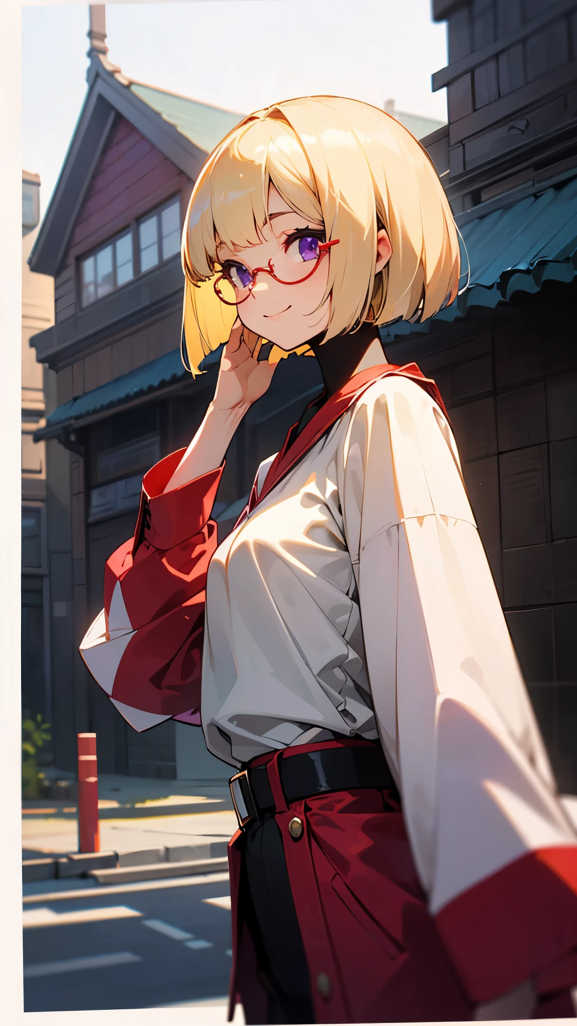 1 girl、solo、Upper body、From the side、mature woman、Sharp and clear images、natural proportions、slender、small breasts、smile、white skin、(blonde)、bob cut、purple eyes、Akagi glasses、Wearing a red rider's jacket、(long sleeve blouse)、ruffle blouse、casual style、Urban building background、roof of the building