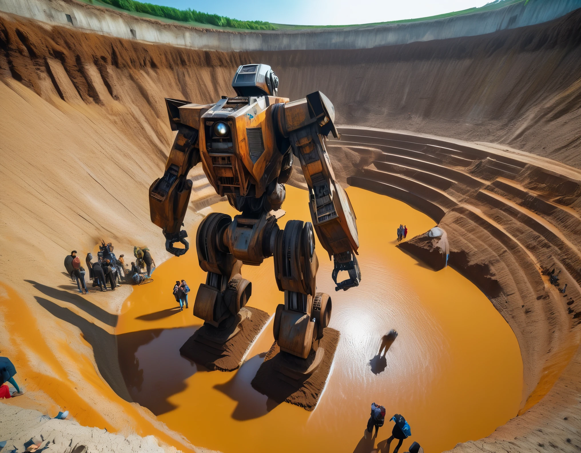 A huge abandoned mecha is being dragged out of a huge, super deep pit by many people.,Covered in rust and mud,Broken body,Sand,archaeological pit,many viewers,A look of astonishment,Fisheye,