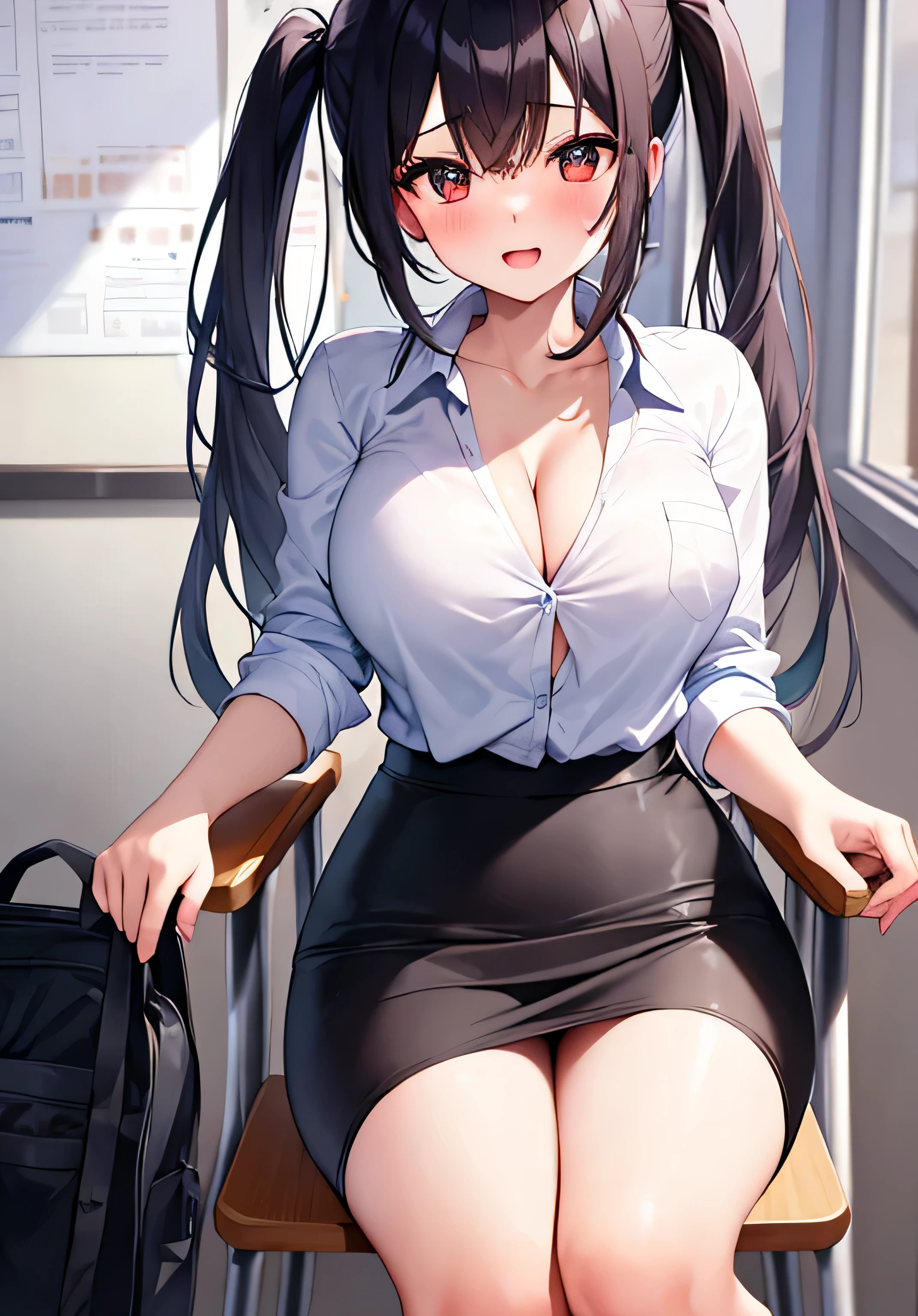 masterpiece、best image quality、ultra high resolution、teenage girl with big breasts、twin tail hairstyle、black hair、red face、shyly、Open your mouth just a little、White shirt with cleavage visible、pencil skirt、sit in a chair、inside the classroom