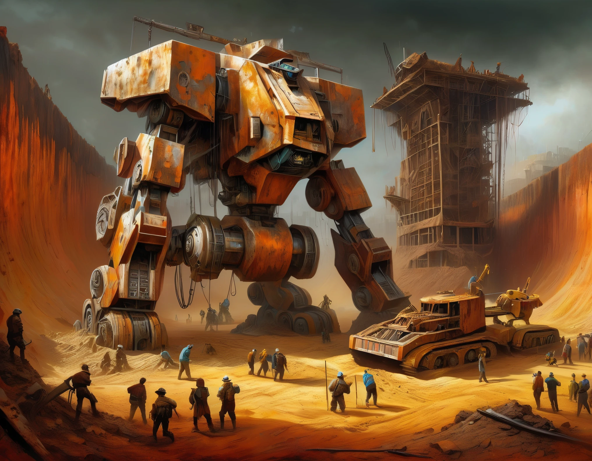 ,A huge abandoned mecha is being dragged out of a huge, super deep pit by many people.,Covered in rust and mud,Broken body,Sand,archaeological pit,on site,animal painting in style of Alexander Jansson, detailed