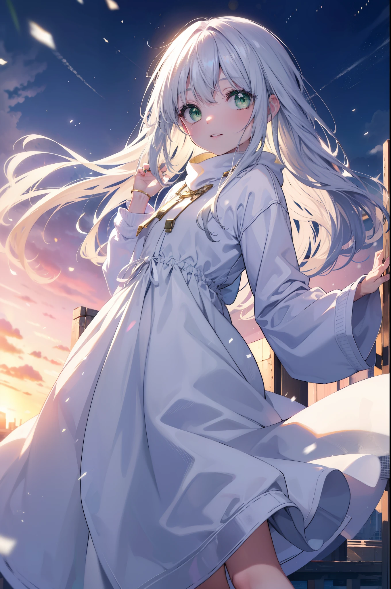 index, index, (green eyes:1.5), silver hair, long hair,smile, (flat chest:1.2),white long hoodie,gray long skirt,sneakers,Both hands are in the pockets of the hoodie,winter,cold sky,that&#39;It&#39;s snowing,morning,morning日,日の出
break looking at viewer, Upper body, whole body,
break outdoors, garden,
break (masterpiece:1.2), highest quality, High resolution, unity 8k wallpaper, (shape:0.8), (fine and beautiful eyes:1.6), highly detailed face, perfect lighting, Very detailed CG, (perfect hands, perfect anatomy),