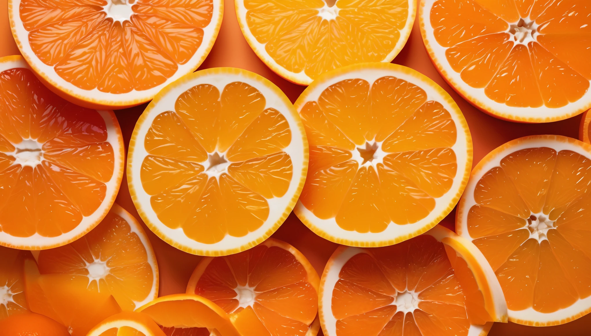 masterpiece, ultra detailed, absurdres, photorealistic, raw photo, realistic photo, flesh Vivid_Orange slice, uniform is size and color,pattern of ordered arrangement oranges,concept art, full body shot, from front, from above, high-key lighting, vibrant colors,vivid solid orange background,
