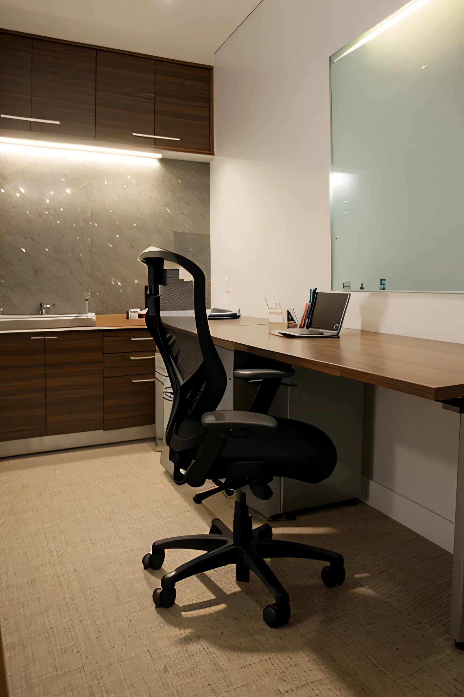 imagem de alta qualidade, best resolution, office with bright environment, mesa de trabalho, office chair, imagem realista, Minimalista, Lighting, parede branca, cinza claro, anseio, Built-in Lighting, tamanho gigante, tamanho para parede de 2 metros x 2 metros. 