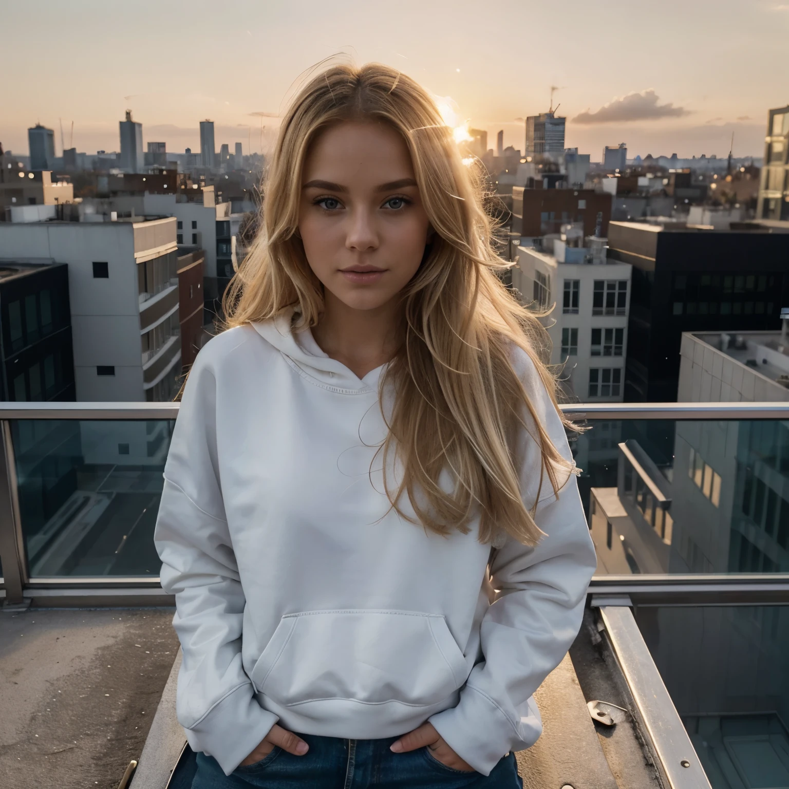 Generate a highly realistic image of the golden blonde woman on a rooftop with a city view, wearing a white sweatshirt. The scene captures the beauty of the sunset over the city, with her hair illuminated by the golden light. Her white sweatshirt should be casual yet stylish, appropriate for the urban backdrop. She looks relaxed and content, gazing at the city below. Ensure that the image is detailed and lifelike, from the texture of her sweatshirt to the intricate cityscape, creating a scene that mirrors a real-life rooftop moment.