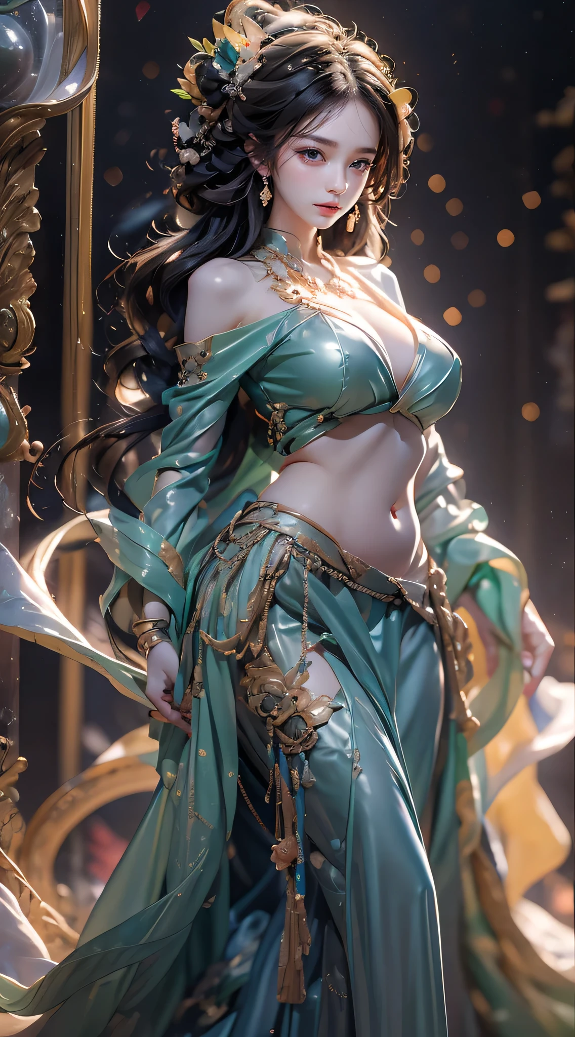 (highest quality)、1 girl、((A woman wraps an LED light around her body in a pitch-dark room:1.5))、(Colorful LED lights illuminate your body:1.5)、(The body is faintly visible:1.5)、(lots of led lights)、beautiful face、detailed and perfect face、long curly hair、perfect proportions、big breasts、big butt、gap between crotches、thighs、((dynamic pose、Change Pose,))、background black、 No light source other than LED lights、beautiful face、delicate face、long curly hair、perfect proportions、big breasts、constriction、belly button、big butt、thighs gap、Thighs、