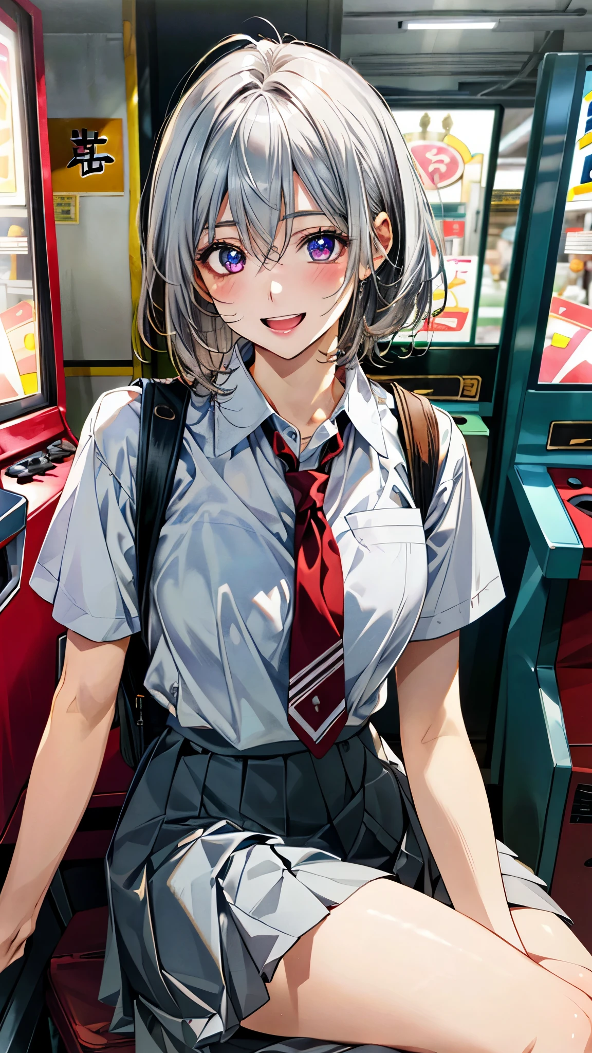 (masterpiece:1.2, top-quality, ultra high res, ultra detailed), (realistic, photorealistic:1.4), beautiful illustration, (natural side lighting, movie lighting), 
looking at viewer, full body, 1 girl, japanese, high school girl, perfect face, (perfect anatomy), cute and symmetrical face, baby face, shiny skin, slender, 
(short hair, messy hair, silver hair), hair between eyes, purple eyes, big eyes, long eye lasher, (medium breasts), 
beautiful hair, beautiful face, beautiful detailed eyes, beautiful clavicle, beautiful body, beautiful chest, beautiful thigh, beautiful legs, beautiful fingers, 
((detailed cloth texture, light grey pleated skirt, short sleeve white collared shirt), dark red tie), navy school bag, 
(beautiful scenery), day time, vending arcade concept, japanese arcade machine, gaming arcade, monitor, sitting chair, (happy smile, open mouth), 