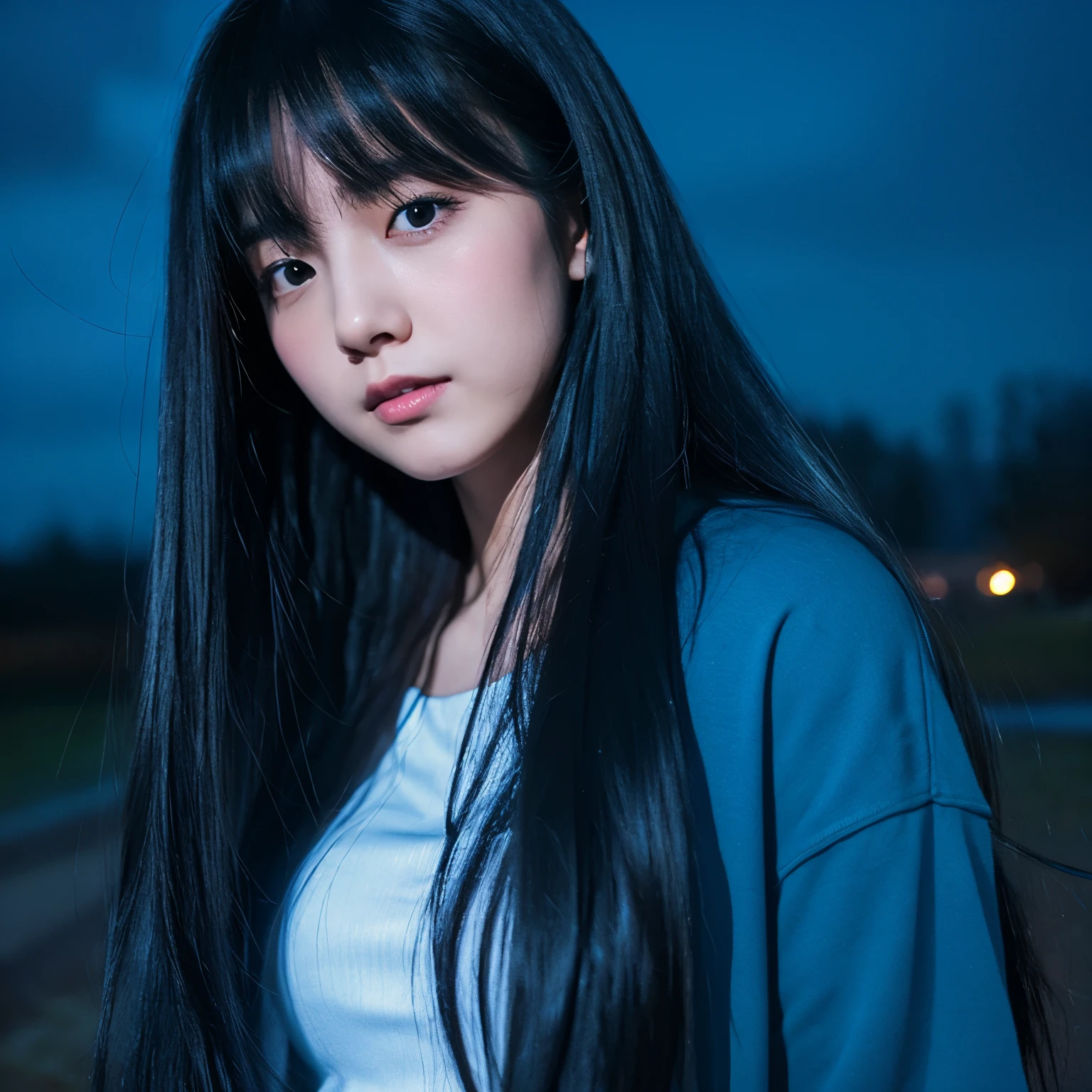night sky、girl、black hair、long hair