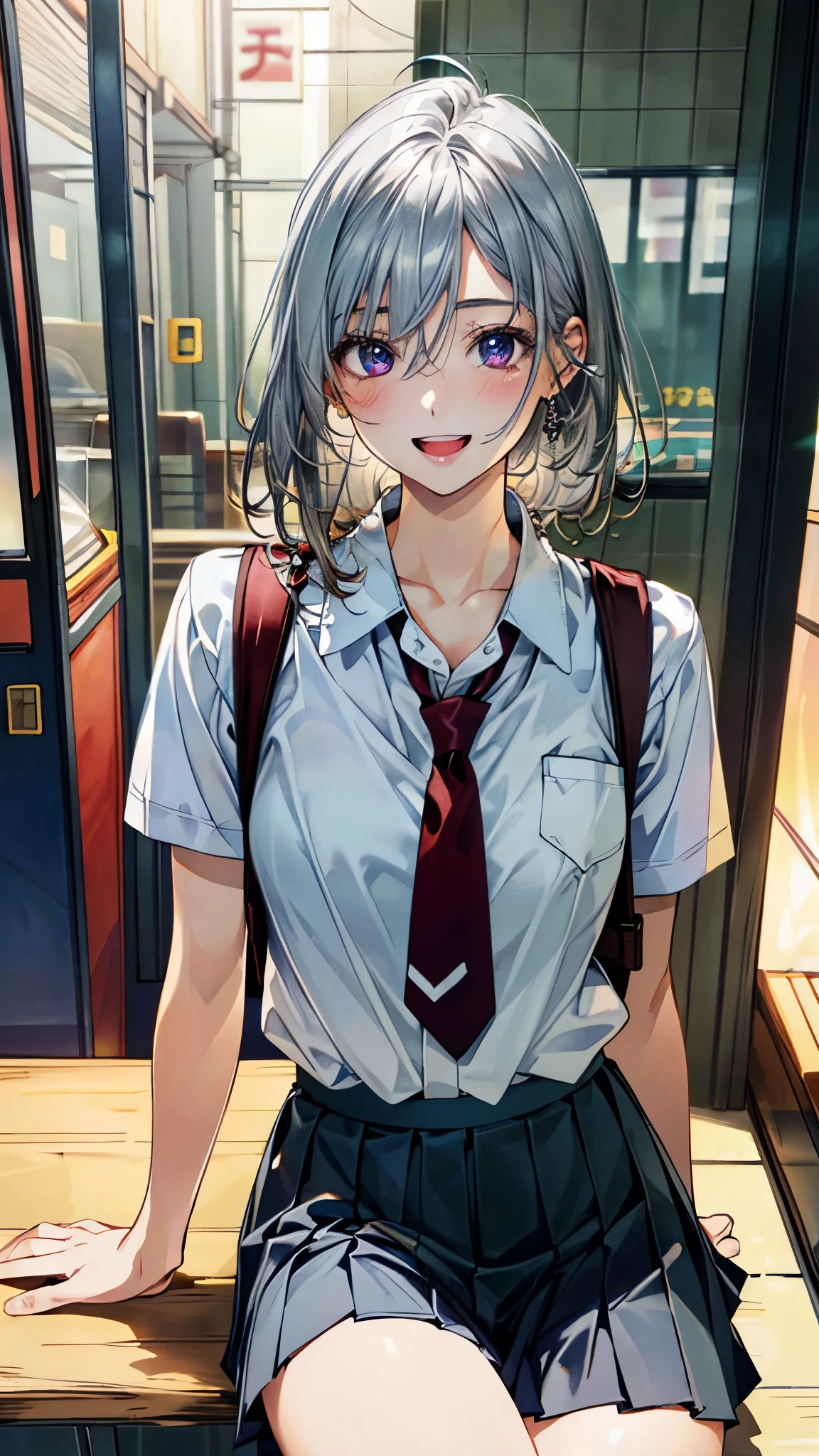 (masterpiece:1.2, top-quality, ultra high res, ultra detailed), (realistic, photorealistic:1.4), beautiful illustration, (natural side lighting, movie lighting), 
looking at viewer, full body, 1 girl, japanese, high school girl, perfect face, (perfect anatomy), cute and symmetrical face, baby face, shiny skin, slender, 
(short hair, messy hair, silver hair), hair between eyes, purple eyes, big eyes, long eye lasher, (medium breasts), 
beautiful hair, beautiful face, beautiful detailed eyes, beautiful clavicle, beautiful body, beautiful chest, beautiful thigh, beautiful legs, beautiful fingers, 
((detailed cloth texture, light grey pleated skirt, short sleeve white collared shirt), dark red tie), navy school bag, 
(beautiful scenery), day time, vending arcade concept, japanese arcade machine, gaming arcade, monitor, sitting chair, (happy smile, open mouth), 