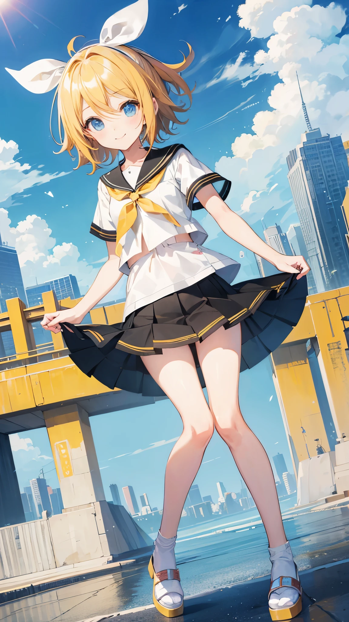 highest quality、CG、4k、Kagamine rin、whole body、morning、smile、shyness、city、lift up skirt、Skirt flip。lift up skirt  skirt lift
