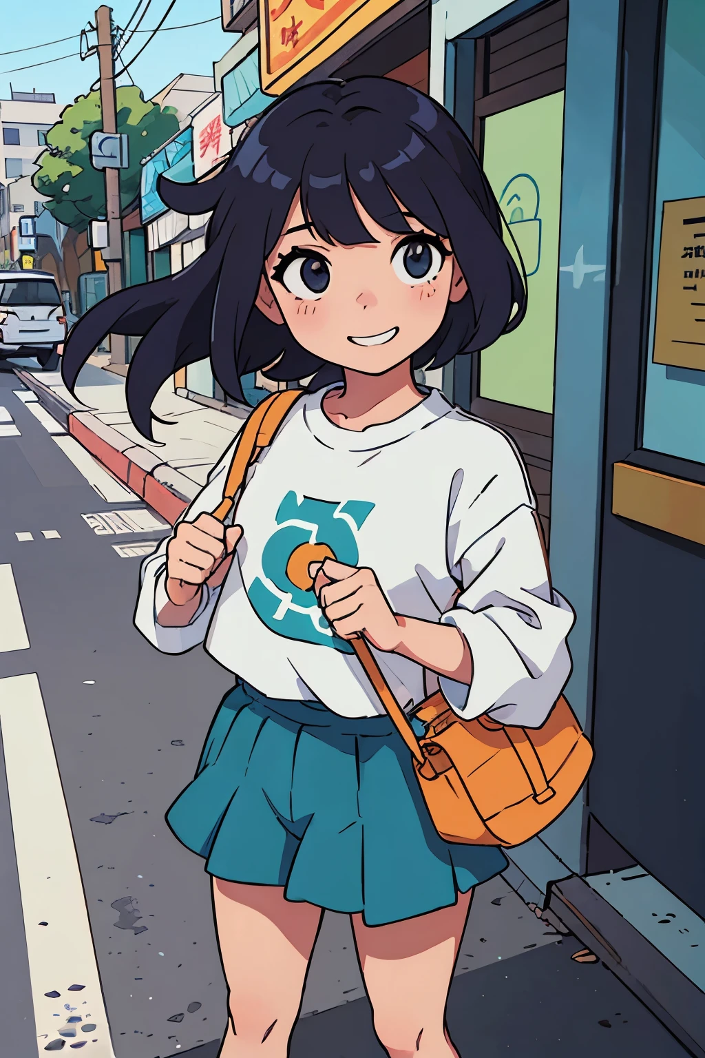 (melhor qualidade:0.8) perfect anime illustration, Um bonito, mulher feliz com cabelo castanho curto e encaracolado nas ruas da cidade, vestindo um moletom, saia pelada
