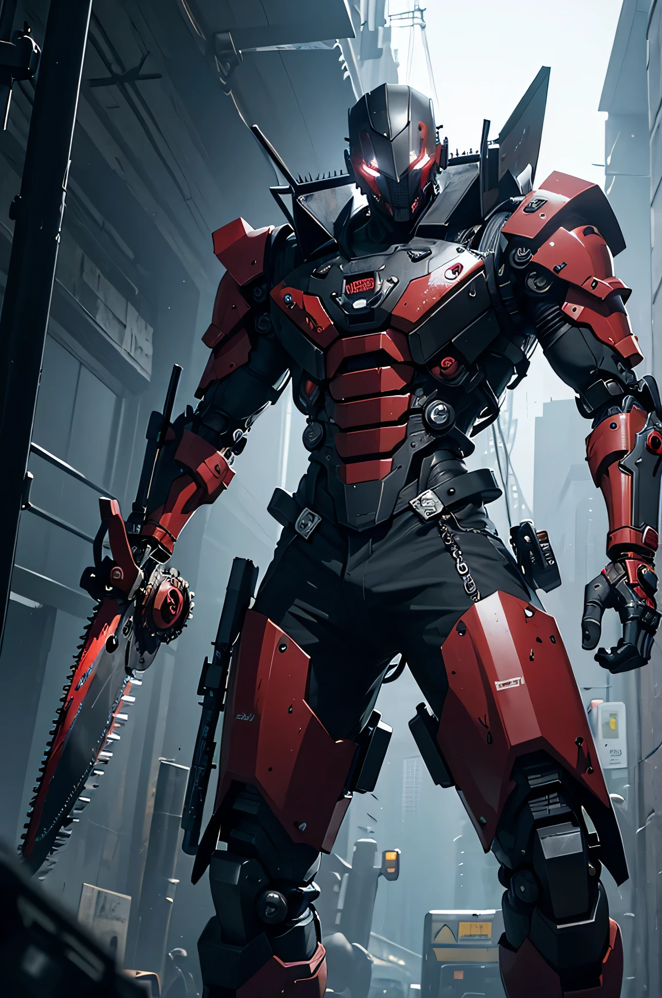 dark_fantasy,cyber punk,(chainsaw,chainsaw man,red:1.1),1 person,mechanical marvel,robot-like being,cybernetic guardian,
