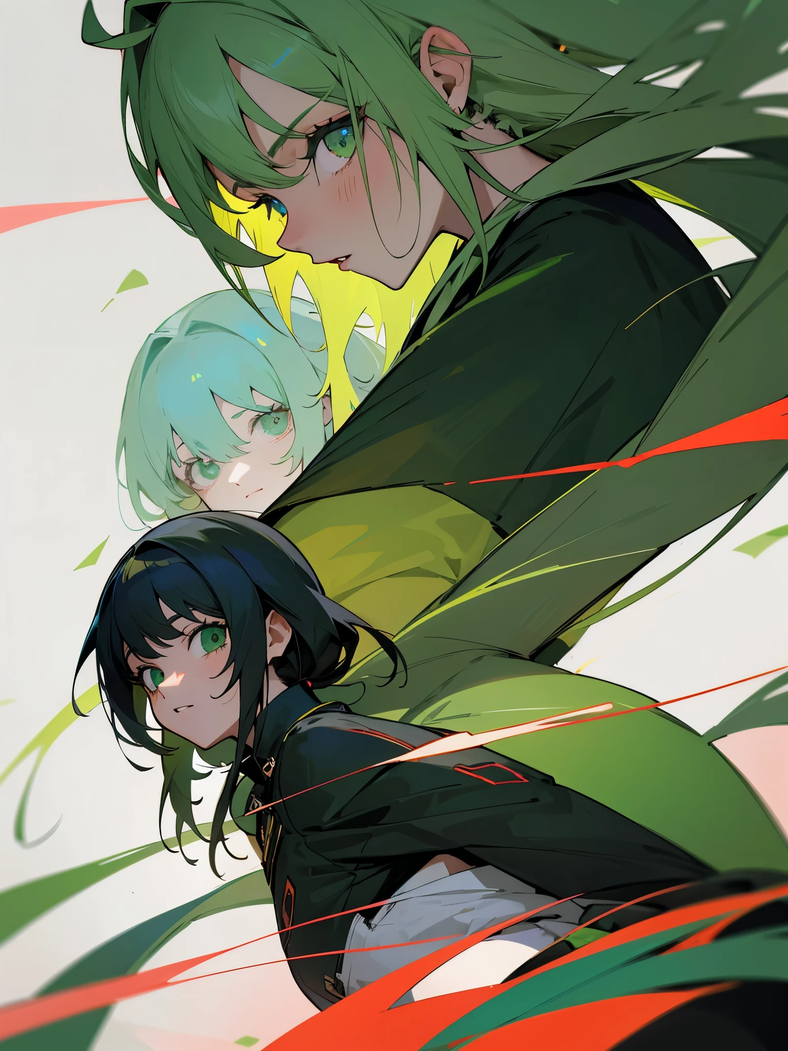  de anime na idade de 18 ano 1,78 metros de altura com um cabelo curto verde e os fios do cabelo preto um casaco verde e com listas preta em um mundo cyberpunk que se pssa no ano 2478 e esse mundo tem poderes ela ta sentada na em uma arvore caida e todo seu rerde