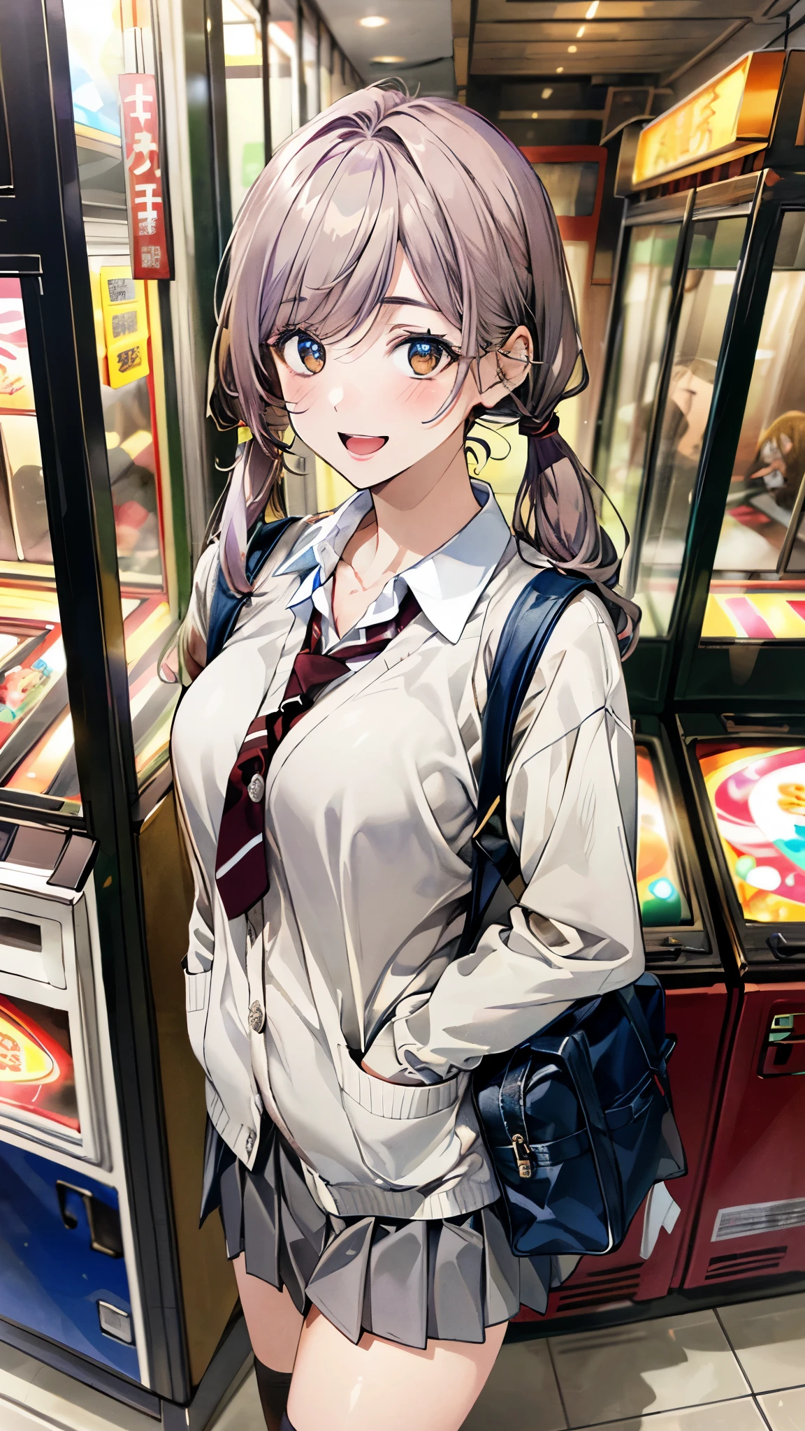 (masterpiece:1.2, top-quality, ultra high res, ultra detailed), (realistic, photorealistic:1.4), beautiful illustration, (natural side lighting, movie lighting), 
looking at viewer, full body, 1 girl, japanese, high school girl, perfect face, (perfect anatomy), cute and symmetrical face, baby face, shiny skin, slender, 
(long hair:1.5, low twintails:1.5, light purple hair), swept bangs, gold eyes, drooping eyes, big eyes, long eye lasher, (medium breasts), 
beautiful hair, beautiful face, beautiful detailed eyes, beautiful clavicle, beautiful body, beautiful chest, beautiful thigh, beautiful legs, beautiful fingers, 
((detailed cloth texture, long sleeves light brown cardigan:1.4, light grey pleated skirt, white collared shirt), dark red tie, white thigh-high), navy school bag, 
(beautiful scenery), day time, vending arcade concept, japanese arcade machine, gaming arcade, monitor, standing, (happy smile, open mouth), 