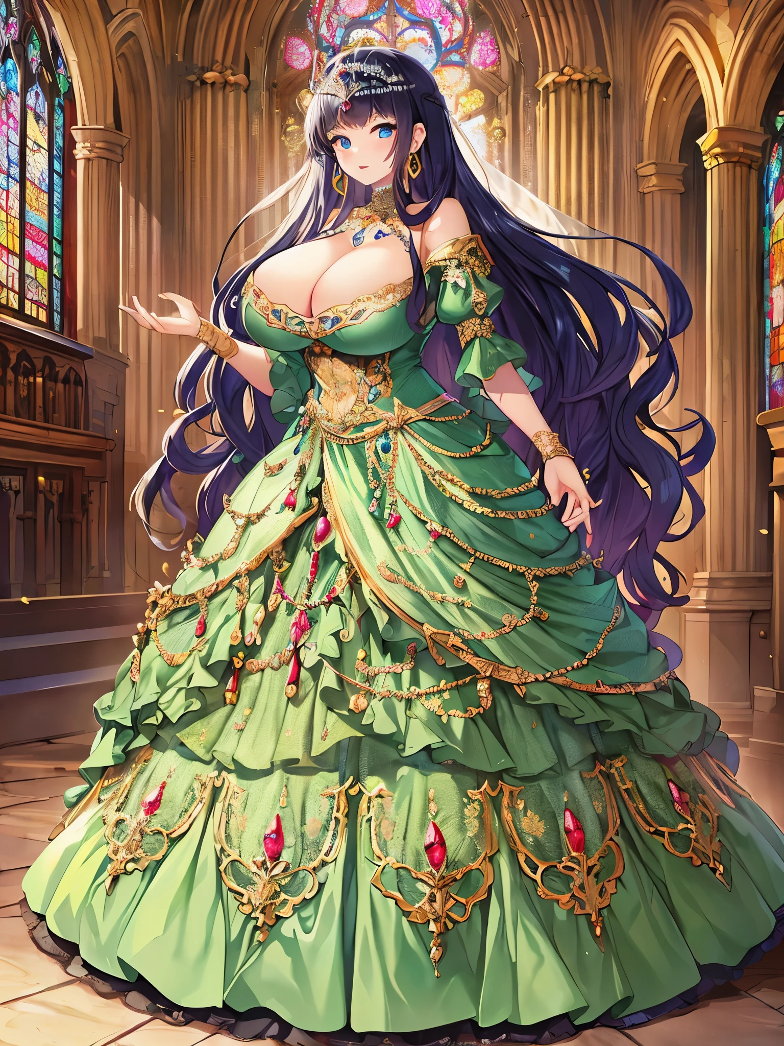 anime artstyle,Masterpiece,Best Quality,Super Detail,Very Delicate and Beautiful,Solo,((full body)),full body portrait,((1 bling-bling princess in a gorgeous embroidery rococo ballgown with jeweled)),(((very very gigantic tits,cleavage,curvy))),Skindentation,((Cathedral,church)),((crinoline,long train)),super detailed gorgeous ballgown with voluminous full length hoop skirt,gorgeous princess rococo ballgown with long train,((gorgeous princess rococo ballgown with beautiful embroidery and jeweled)),(detailed face and eyes),jewel-like eyes,((extremely voluminous straight Hair,Extremely Long Straight Hair)),extremely gorgeous hair ornament,((extremely gorgeous bling-bling big tiara)),bling-bling luxurious jewelry,Beautifully detailed lots of lace and ruffles,(Dynamic Angle),(((super detailed gorgeous princess rococo ballgown with voluminous full length hoop skirt))),full body