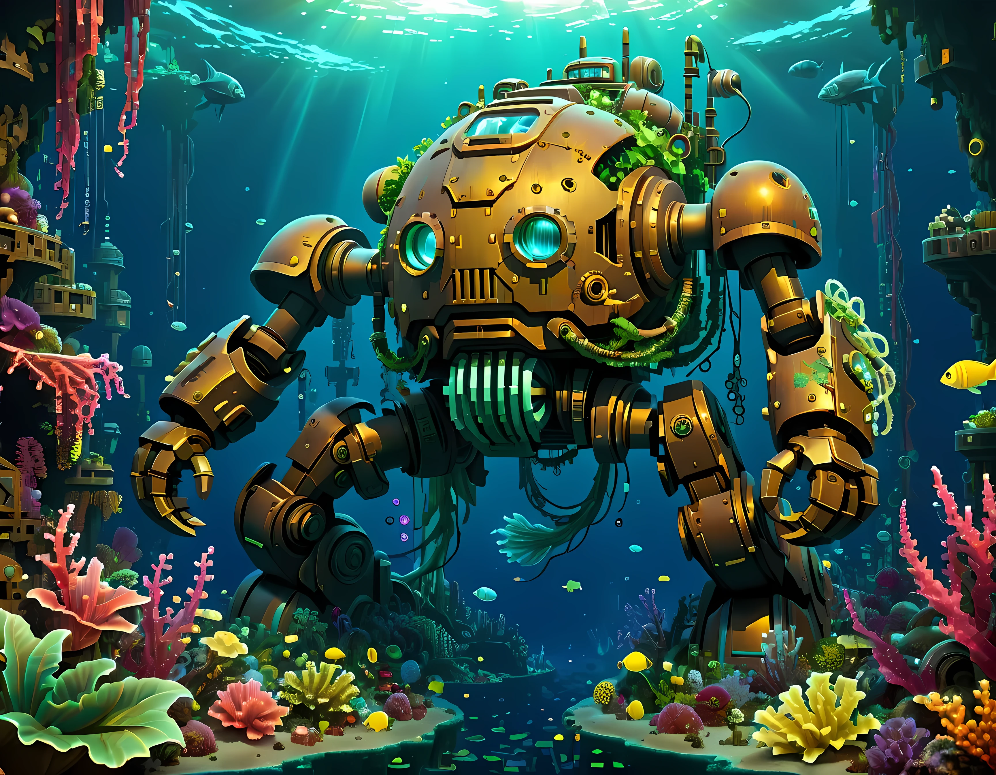 Pixel art, the ((abandoned)) colossal mech ((lies)) covered in oceanic plants on the bottom of the deep mysterious ocean, a titan of steel and circuitry, weathered armor, intricate patterns on its surface, (weapon parts with advanced technology), riveted whimsical plates, a porthole with the intricate machinery, neon-colored fish, glowing jellyfish, surrounded by remnants of a lost civilization, a sense of awe and wonder, ((epic)), masterpiece in maximum 16K resolution, superb quality. | ((More_Detail))