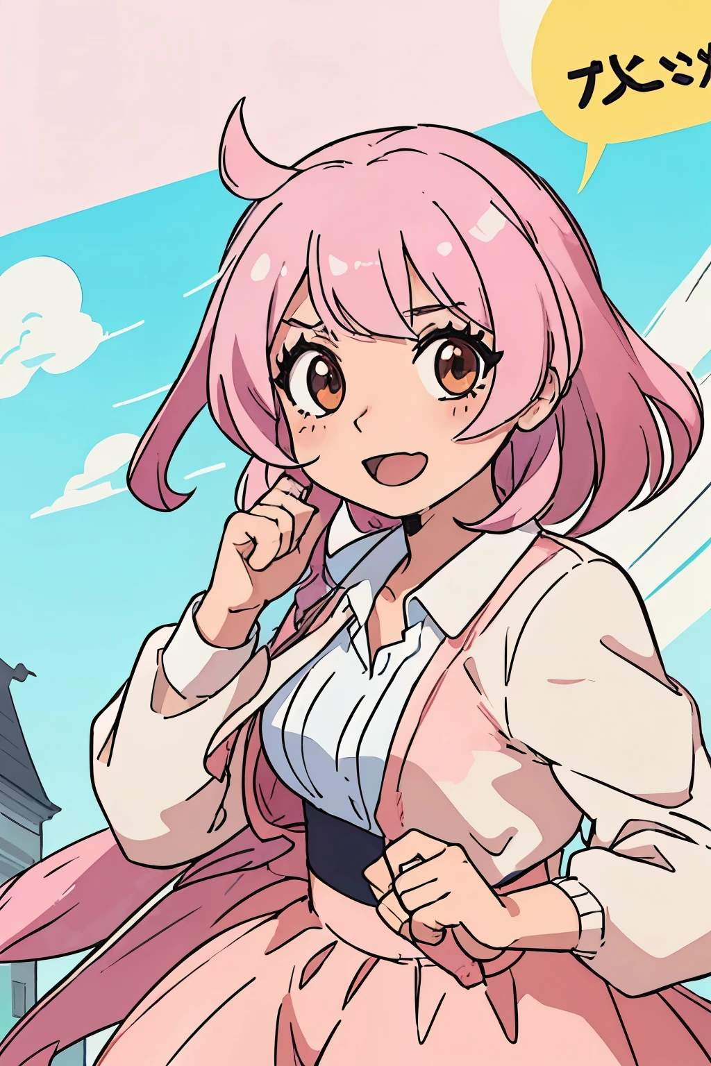 (melhor qualidade:0.8) perfect anime illustration, Um bonito, mulher feliz com cabelo castanho curto e encaracolado nas ruas da cidade, 