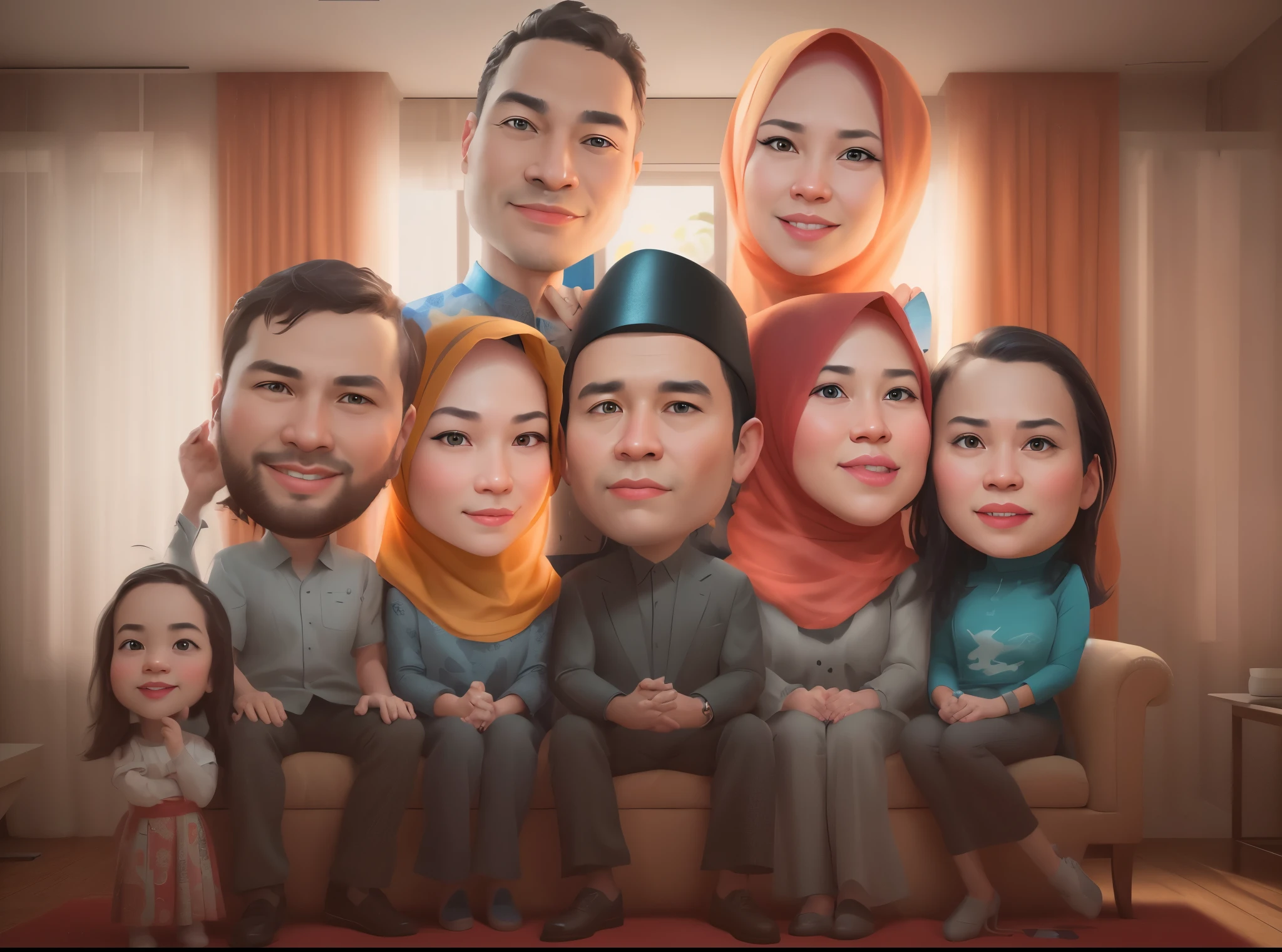 arafed family portrait of a man, woman hijab, and two other people, caricature style, in cartoon style, potrait, caricature, caricature illustration, indonesian muslim family, realistic cartoon, digital art cartoon, full protrait, happy family, family portrait, cartoon art, high quality portrait, cartoon digital art, foto realistic, digital panting, caricature,  HDR plus, realistic, rendering, full ultra HD detail. Utilize the RenderMan renderer. 3D digital art. High definition, high contrast, and high color saturation. 