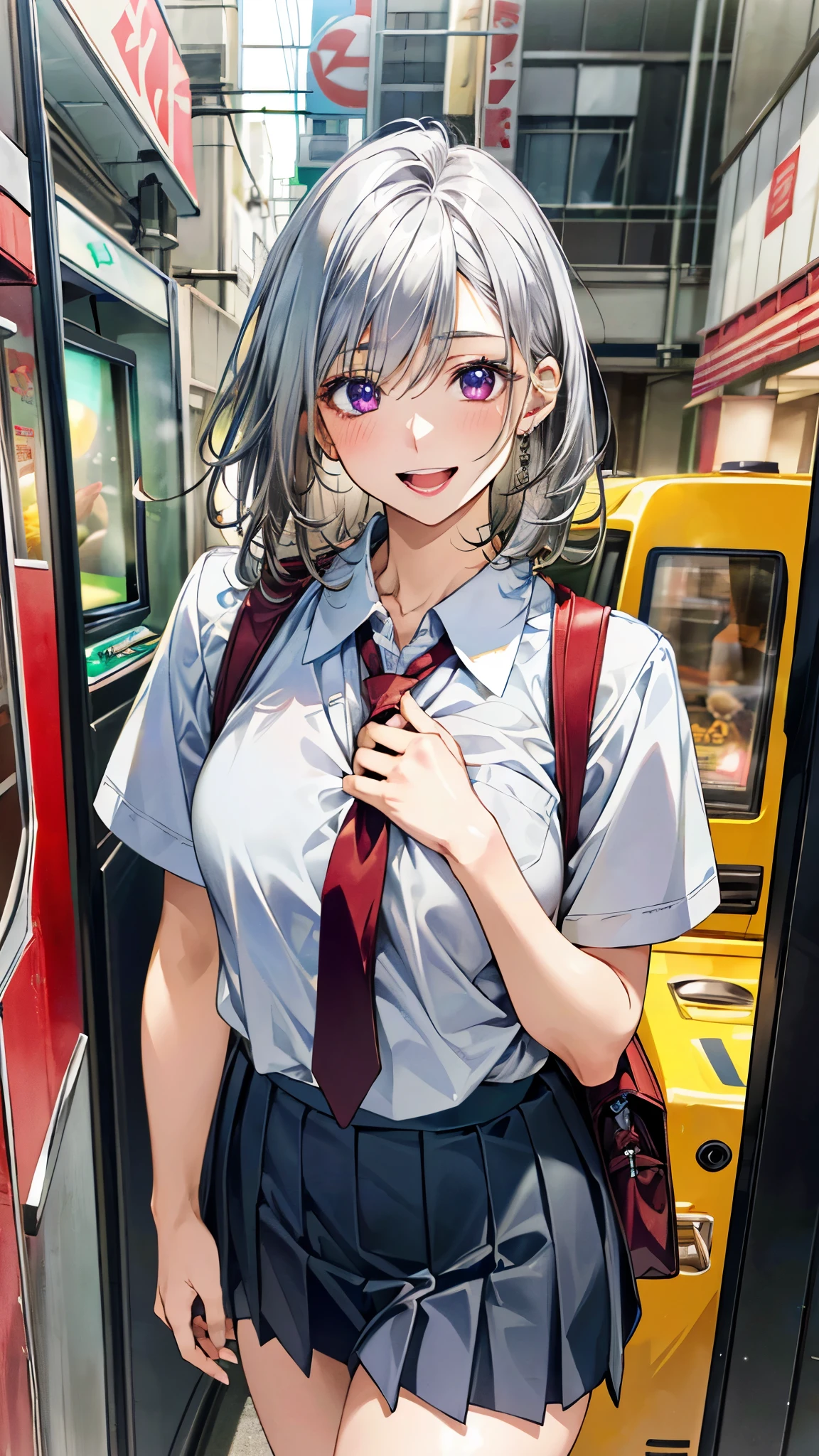 (masterpiece:1.2, top-quality, ultra high res, ultra detailed), (realistic, photorealistic:1.4), beautiful illustration, (natural side lighting, movie lighting), 
looking at viewer, full body, 1 girl, japanese, high school girl, perfect face, (perfect anatomy), cute and symmetrical face, , shiny skin, slender, 
(short hair, messy hair, silver hair), hair between eyes, purple eyes, big eyes, long eye lasher, (medium breasts), 
beautiful hair, beautiful face, beautiful detailed eyes, beautiful clavicle, beautiful body, beautiful chest, beautiful thigh, beautiful legs, beautiful fingers, 
((detailed cloth texture, light grey pleated skirt, short sleeve white collared shirt), dark red tie), navy school bag, 
(beautiful scenery), day time, vending arcade concept, japanese arcade machine, gaming arcade, monitor, walking, (happy smile, open mouth), 