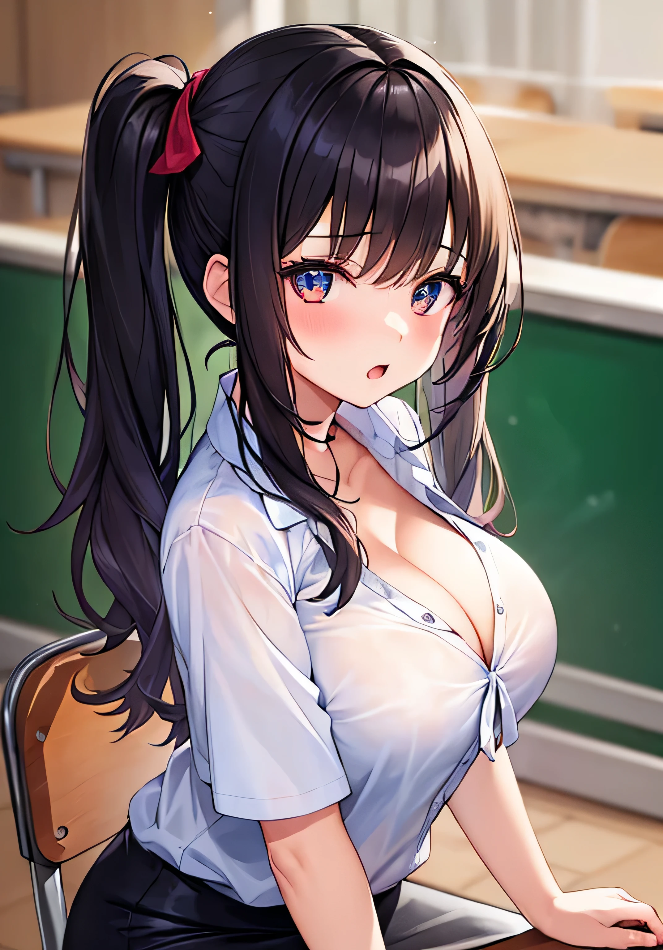 masterpiece、best image quality、ultra high resolution、age girl with big breasts、twin tail hairstyle、black hair、red face、shyly、Open your mouth just a little、White shirt with cleavage visible、pencil skirt、sit in a chair、inside the classroom