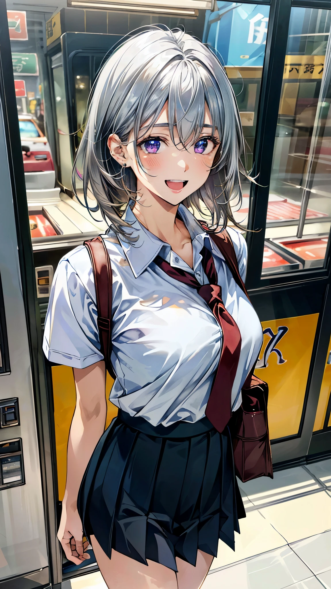 (masterpiece:1.2, top-quality, ultra high res, ultra detailed), (realistic, photorealistic:1.4), beautiful illustration, (natural side lighting, movie lighting), 
looking at viewer, full body, 1 girl, japanese, high school girl, perfect face, (perfect anatomy), cute and symmetrical face, baby face, shiny skin, slender, 
(short hair, messy hair, silver hair), hair between eyes, purple eyes, big eyes, long eye lasher, (medium breasts), 
beautiful hair, beautiful face, beautiful detailed eyes, beautiful clavicle, beautiful body, beautiful chest, beautiful thigh, beautiful legs, beautiful fingers, 
((detailed cloth texture, light grey pleated skirt, short sleeve white collared shirt), dark red tie), navy school bag, 
(beautiful scenery), day time, vending arcade concept, japanese arcade machine, gaming arcade, monitor, walking, (happy smile, open mouth), 