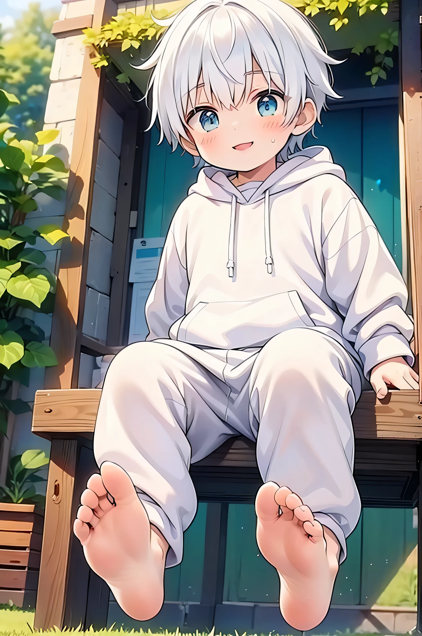 masterpiece, chubby boys with white hair and shiny bright green eyes and small socks wearing a white hoodie, and oversized Sweatpants sitting on a desm, young, boys, child,l, toddsoft lit, (Sweatpants:1.4), (Socks are too small:1.2), (boys:1.4), (Shota:1.45), (young:1.4), (male:1.4), (smiling:1.4), (foot:1.4), (Shy:1.4), (soft:1.0), (color:1.0), (cute color:1.0),