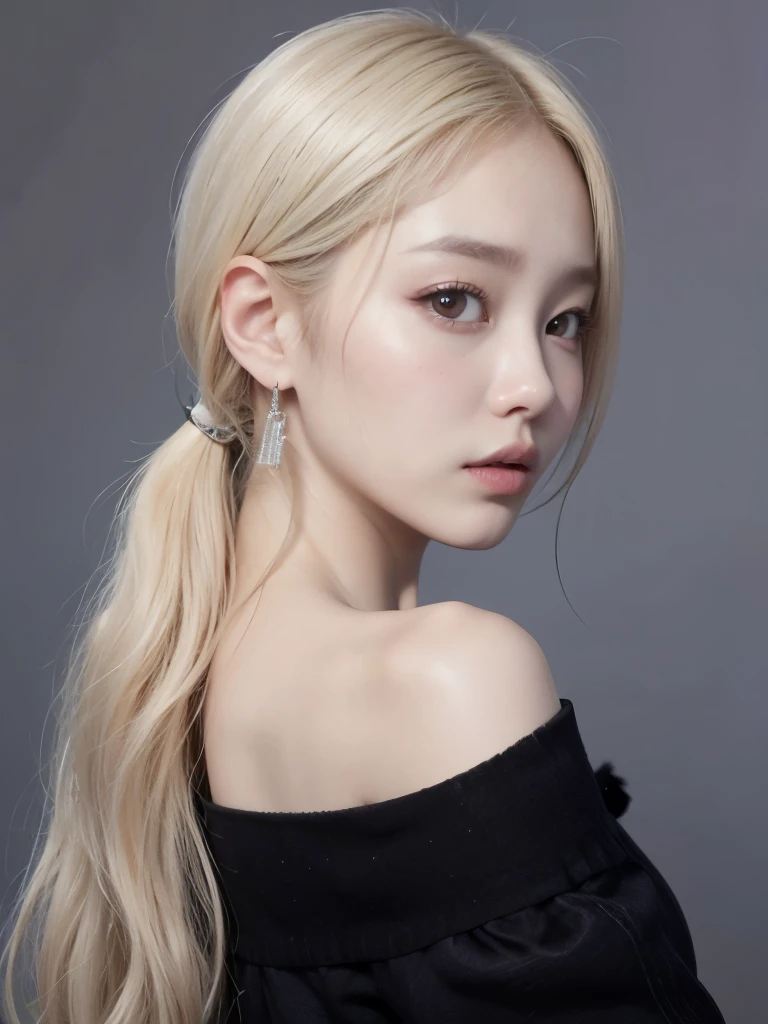 um close de uma mulher com longos cabelos loiros vestindo uma blusa preta, parque roseanne de blackpink, profile picture with headshot, Jaeyeon Nam, Heonhwa Choe, Jinyoung Shin, taejune kim, Retrato de Jossi do Blackpink, female korean idol portrait, cabelo rabo de cavalo branco, kpop idol portrait, maquiagem sul-coreana popular, maquiagem coreana popular, shikami