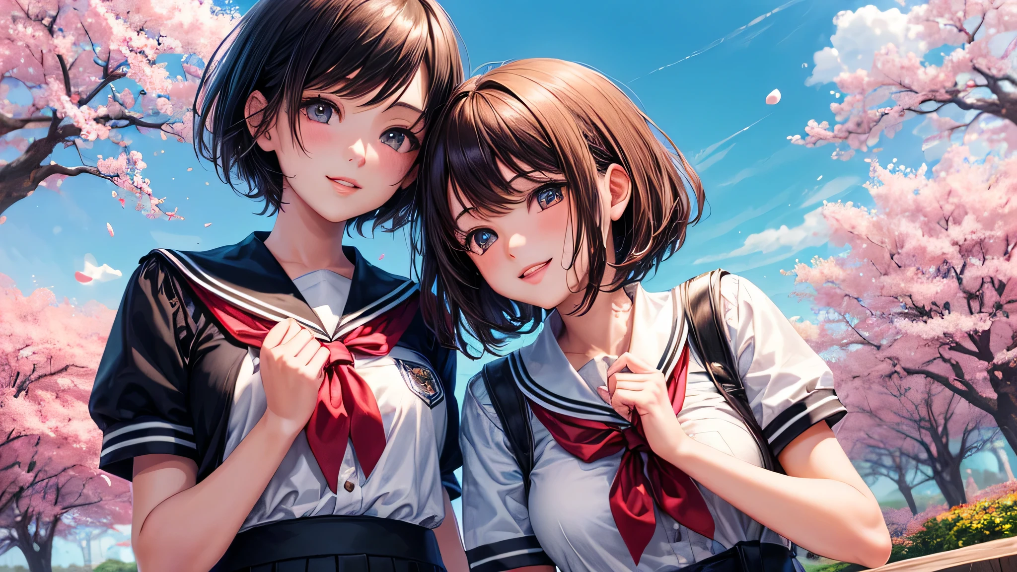 (2 girls:1.2), cute face, shining smile, (black short hair), (school uniform, mini skirt:1.2), (highest quality: 1.4), (Super detailed), (highest quality:1.4), (super detailed), (lush park), Day光, cherry blossoms, Sunny, cloud, Day, blue sky, (anime illustration), very high resolution, (Upper body), close up face