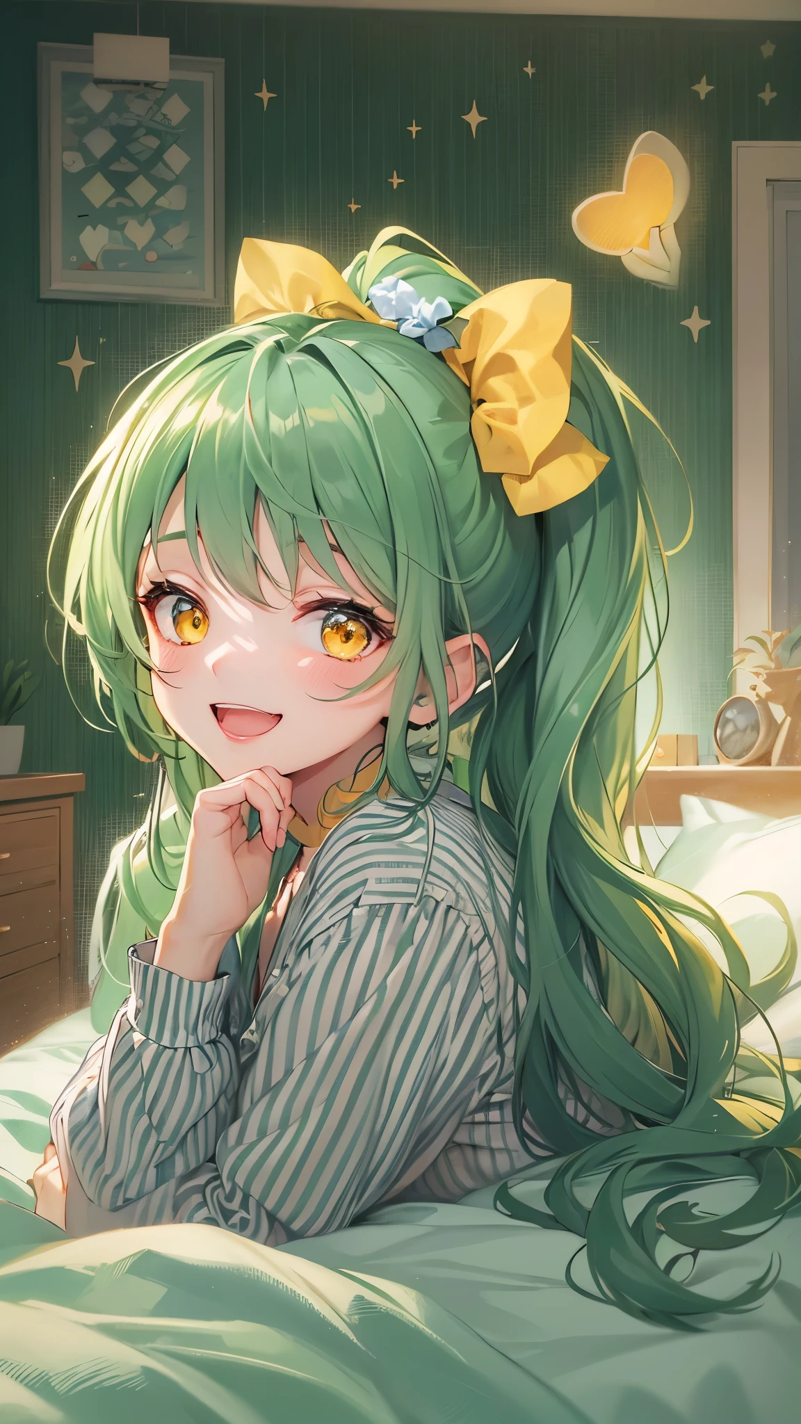 (happy mood) (in the night:1.3, in the bedroom), (solo:1.3 ponytail green hair long hair cute girl, 14 yo, cute yellow eyes, love smile), in a pajamas, perfect anatomy, masterpiece:1.2, best quality, 8k, beautiful detailed grow, daydreaming expression.