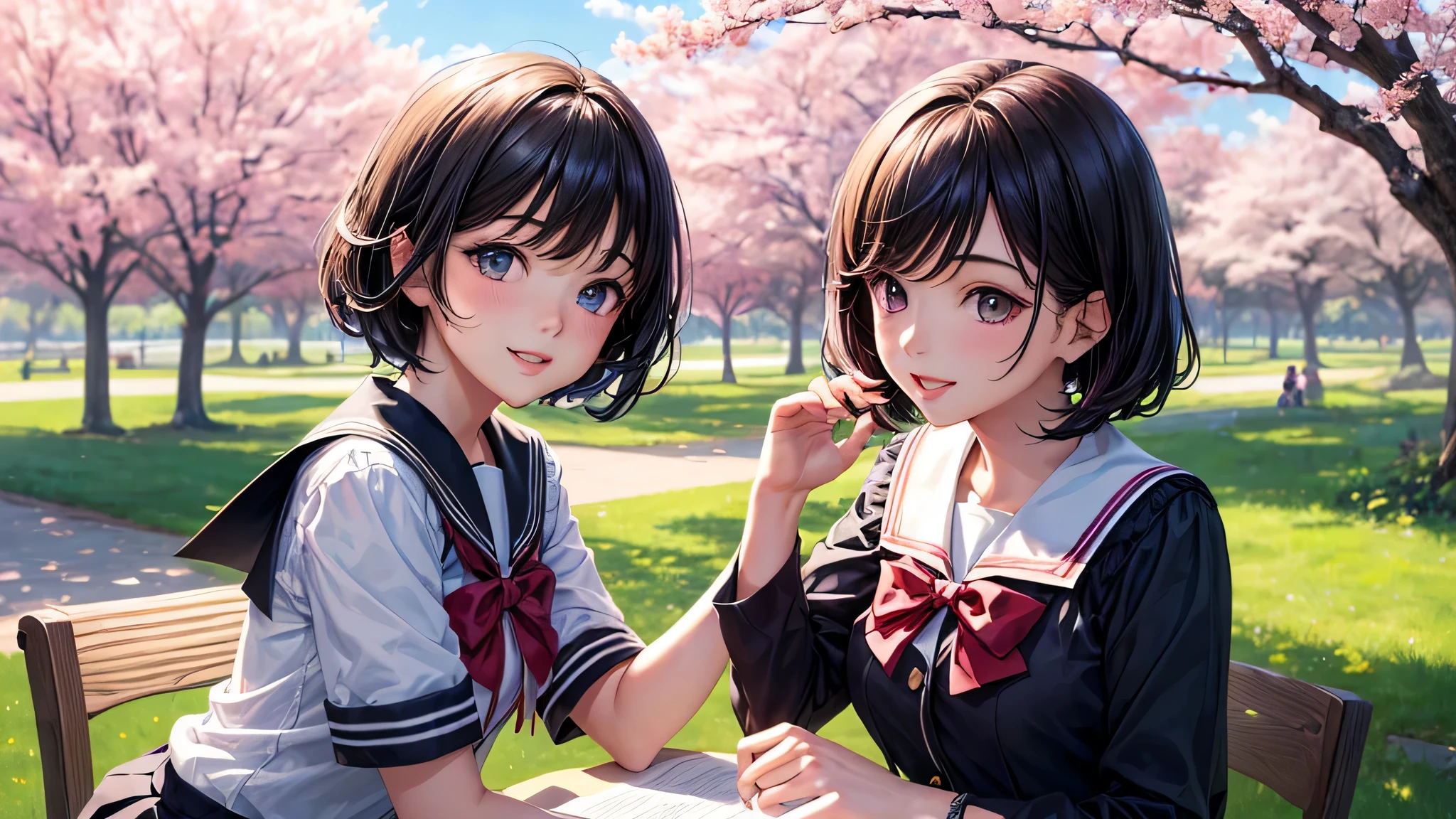 (2 girls:1.2), cute face, shining smile, (black short hair), (school uniform, mini skirt:1.2), (highest quality: 1.4), (Super detailed), (highest quality:1.4), (super detailed), (lush park), Day光, cherry blossoms, Sunny, cloud, Day, blue sky, (anime illustration), very high resolution, (Upper body), close up face