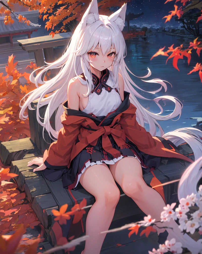 shrine、autumn、beautiful night sky、girl、one person、long hair、white hair、sitting、skirt、thighs、Hair swaying in the wind、background、4K、cute、Beauty、big chest、fox ears、I have two hexagonal lakes.