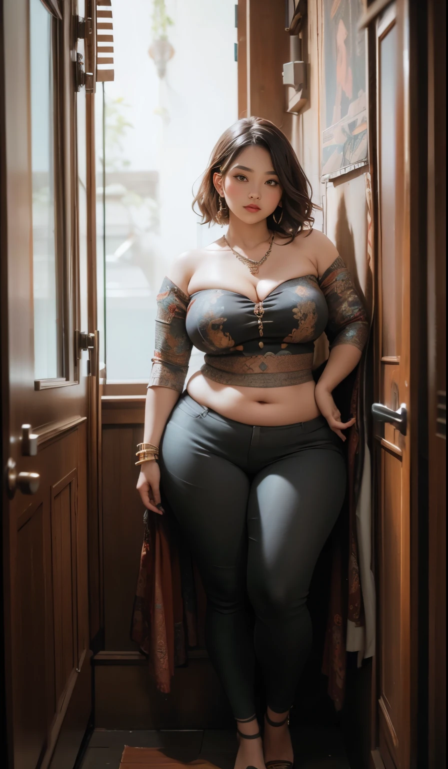Indonesian woman, thick body, cold atmosphere , thick cheeks , full body , random pose, wavy short hair , thick hips, 40 years old , slightly fat arms , slightly fat belly , thick thighs pants, wearing bracelet ,wearing huge diamond necklace , watch , hena art on her skin, dark clothes , voluptuous and arousing, portrait shot, curvy model, voluptuous body, wonderful .