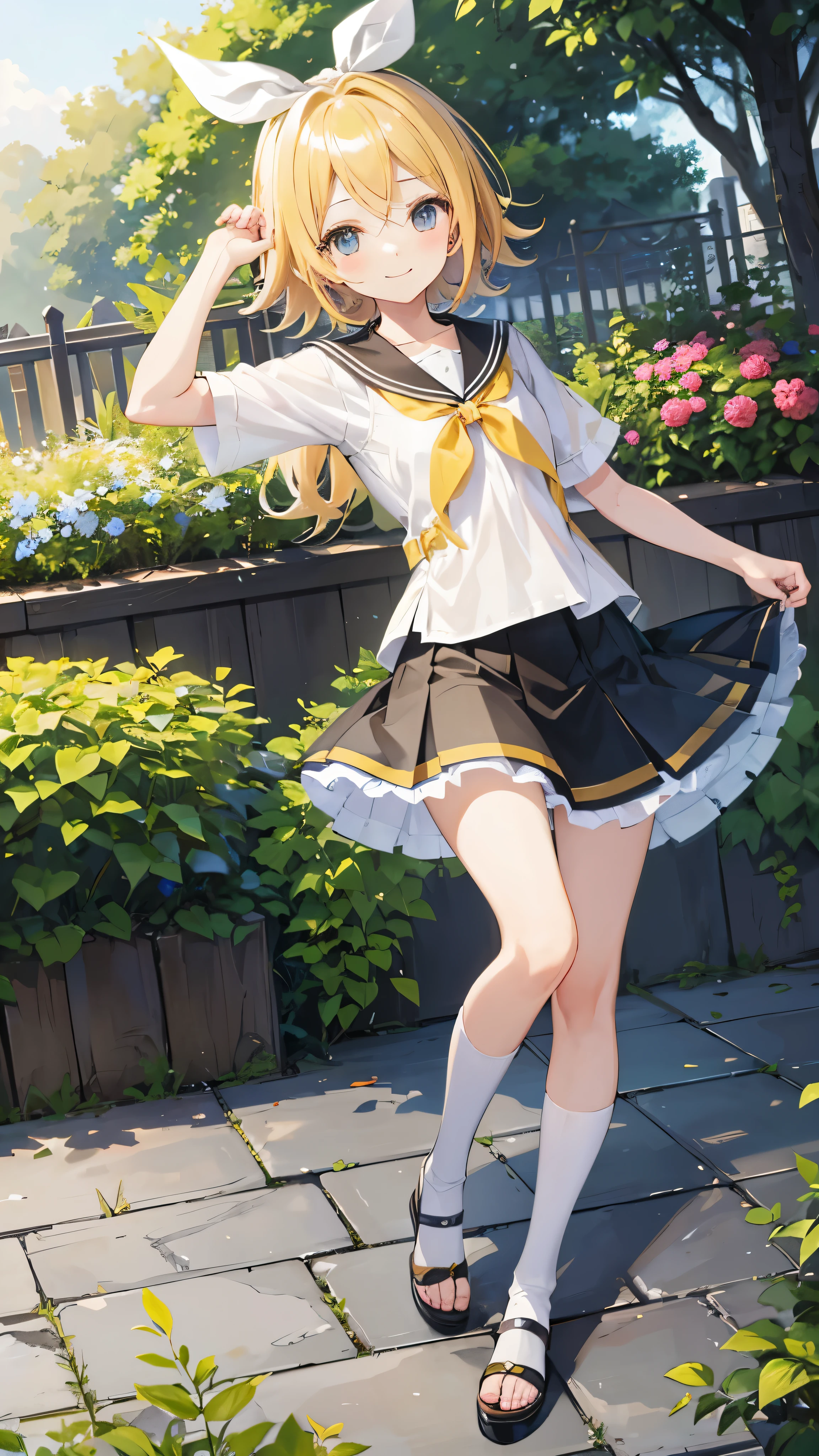 highest quality、CG、4k、Kagamine rin、whole body、morning、smile、Shyness、garden、lift the skirt、Skirt flip。lift the skirt skirt lift