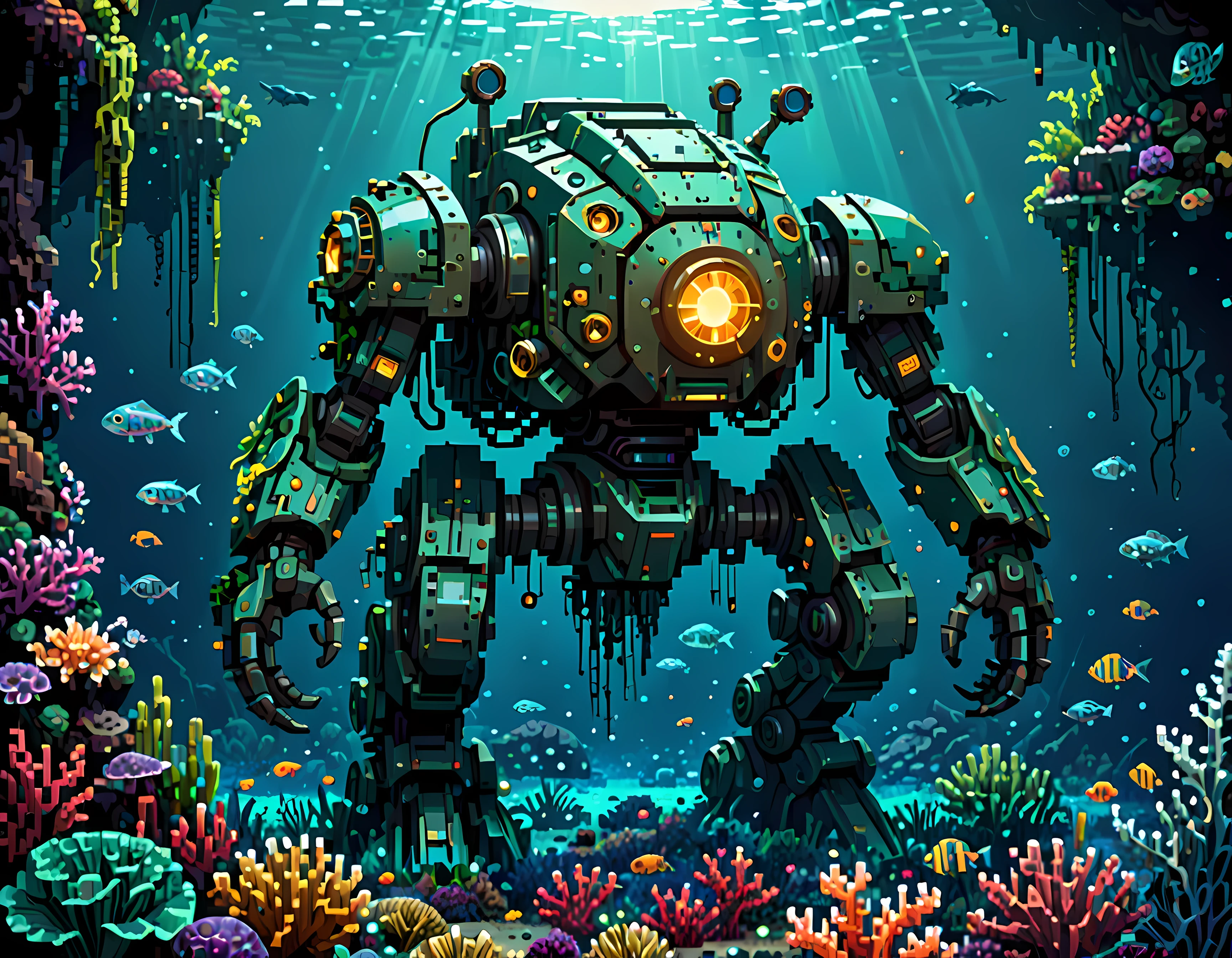 Pixel art, the ((abandoned)) colossal mech ((lies)) covered in oceanic plants on the bottom of the deep mysterious ocean, a titan of steel and circuitry, weathered armor, intricate patterns on its surface, (weapon parts with advanced technology), riveted whimsical plates, a porthole with the intricate machinery, neon-colored fish, glowing jellyfish, surrounded by remnants of a lost civilization, a sense of awe and wonder, ((epic)), masterpiece in maximum 16K resolution, superb quality. | ((More_Detail))