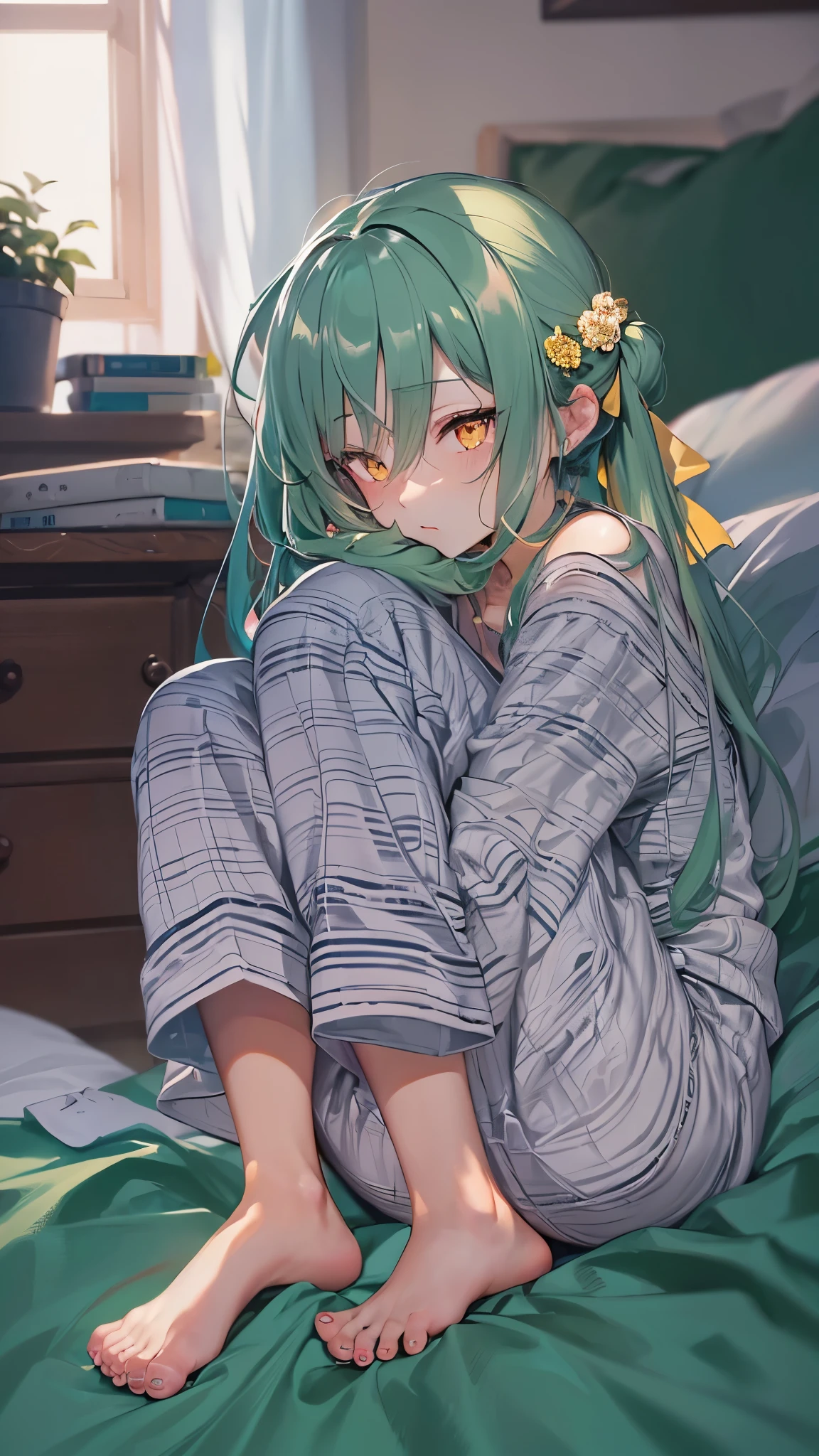 (bad mood) (own hugging feet on the bed) in the night bedroom, (solo ponytail green hair long hair cute girl, , sad yellow eyes, in a pajamas, perfect anatomy, masterpiece:1.2, best quality, 8k, beautiful detailed grow, daydreaming expression.