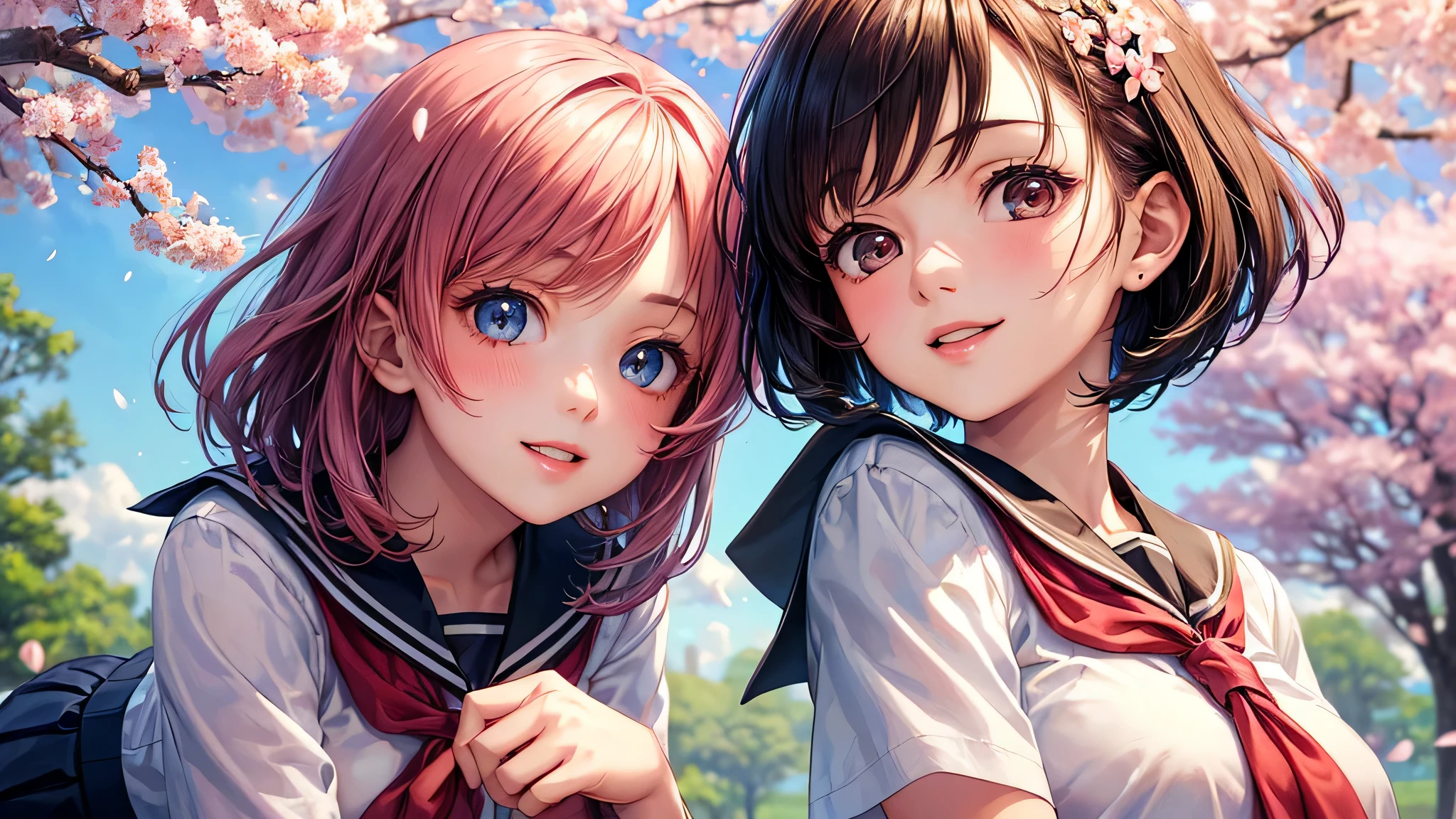 (2 girls:1.2), cute face, shining smile, (short bob hair), (school uniform, mini skirt:1.2), (highest quality: 1.4), (Super detailed), (highest quality:1.4), (super detailed), (lush park), Day光, cherry blossoms, Sunny, cloud, Day, blue sky, (anime illustration), very high resolution, (Upper body), close up face