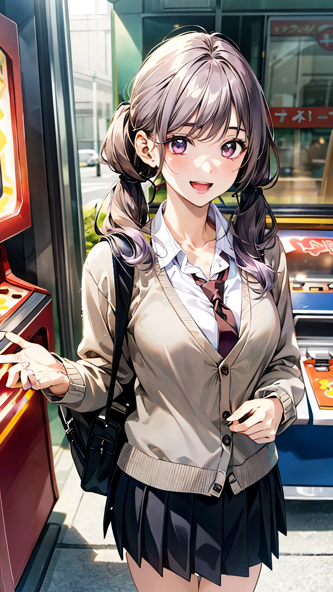 (masterpiece:1.2, top-quality, ultra high res, ultra detailed), (realistic, photorealistic:1.4), beautiful illustration, (natural side lighting, movie lighting), 
looking at viewer, full body, 1 girl, japanese, high school girl, perfect face, (perfect ???????), cute and symmetrical face, baby face, shiny skin, slender, 
(long hair:1.5, low twintails:1.5, light purple hair), swept bangs, gold eyes, drooping eyes, big eyes, long eye lasher, (medium breasts), 
beautiful hair, beautiful face, beautiful detailed eyes, beautiful clavicle, beautiful body, beautiful chest, beautiful thigh, beautiful legs, beautiful fingers, 
((detailed cloth texture, long sleeves light brown cardigan:1.4, light grey pleated skirt, white collared shirt), dark red tie, white thigh-high), navy school bag, 
(beautiful scenery), day time, amusement arcade, japanese arcade machine, standing, (happy smile, open mouth), 