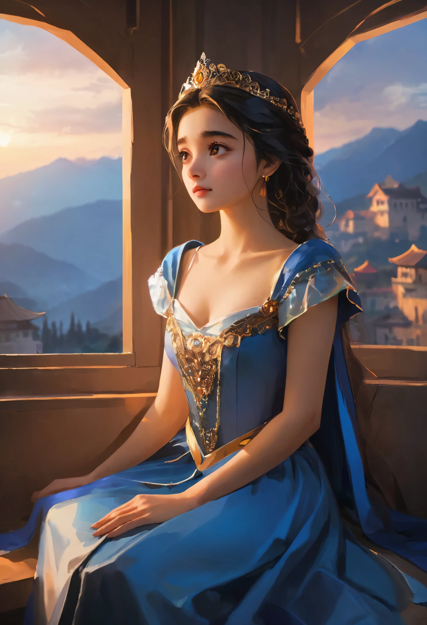 Two dimensions,A young princess sits by the window of the room,She is Alia,Wearing gorgeous princess costumes,The time is dusk,The background is the rolling mountains and gradient sky outside the window.,Alia looks thoughtful,blurry eyes,Movement is still,Posture sitting,Nothing in hand,The emotional atmosphere is deep and mysterious,it's clear,The angle of the lens is sideways,dim light and shadow。