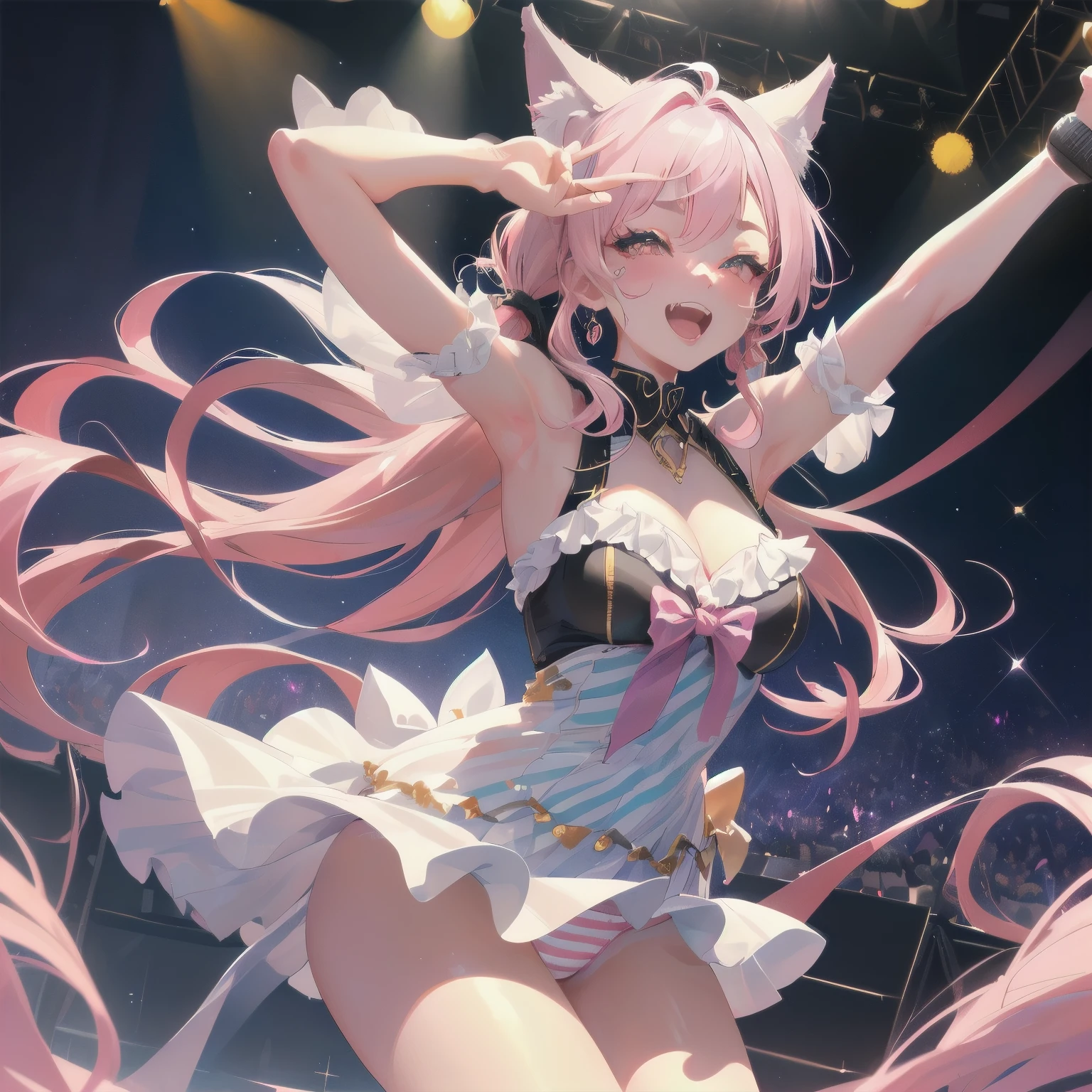 dynamic angle, perfect human hand, Highly detailed human fingers, upper body, girl 1.2 people, laugh, wolf ears, wolf tail, pink eyes, hair between eyes, ((((wink))), d cup, split, striped hair, (((((Gorgeous hair color: 1))))), various hairstyles: 1, twin tail, Highly detailed gradient hair, idol clothes, professional designer, Ruffled dress, LoveLive, jewel, behind the scenes, the best stage, climax, professional stage, ((Hold the microphone with your left hand and sing emotionally, overflowing emotions, best laugh))), singer, singer: 1, Idol, prima donna, professional stage, professional lighting, live lights, distraction, fan service: 1, (Satellite photo seen from the audience seat)))), ((Pankyra, Cute panties)))
