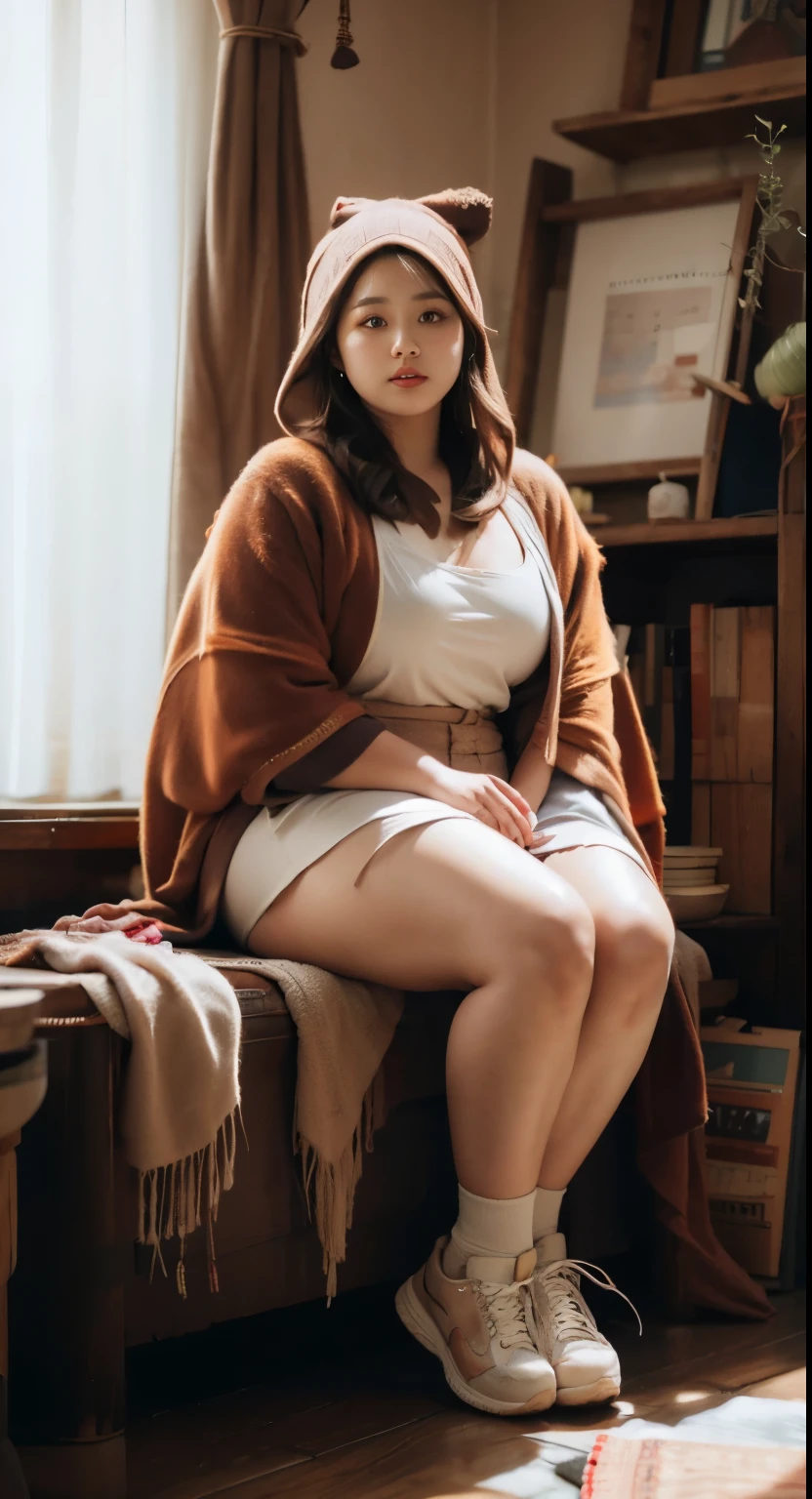 there is a woman sit and walk random posed with a short brown hair, bbwchan, thicc, brown hijab outfit, brown hairstyle model, korean girl, korean woman, wearing brown robe, full length shot, alluring plus sized model, japanese goddess, clothed in hooded, voluptuous and arousing, portrait shot, curvy model, voluptuous body, wonderful, nene tanaka body , bbwchan, The overall atmosphere is smooth , haunting illustrations, extremely high-resolution details, photographic, realism pushed to extreme, fine texture, 4k, ultra-detailed, high quality, high contrast, red sneakers , cold atmosphere ,, cold atmosphere