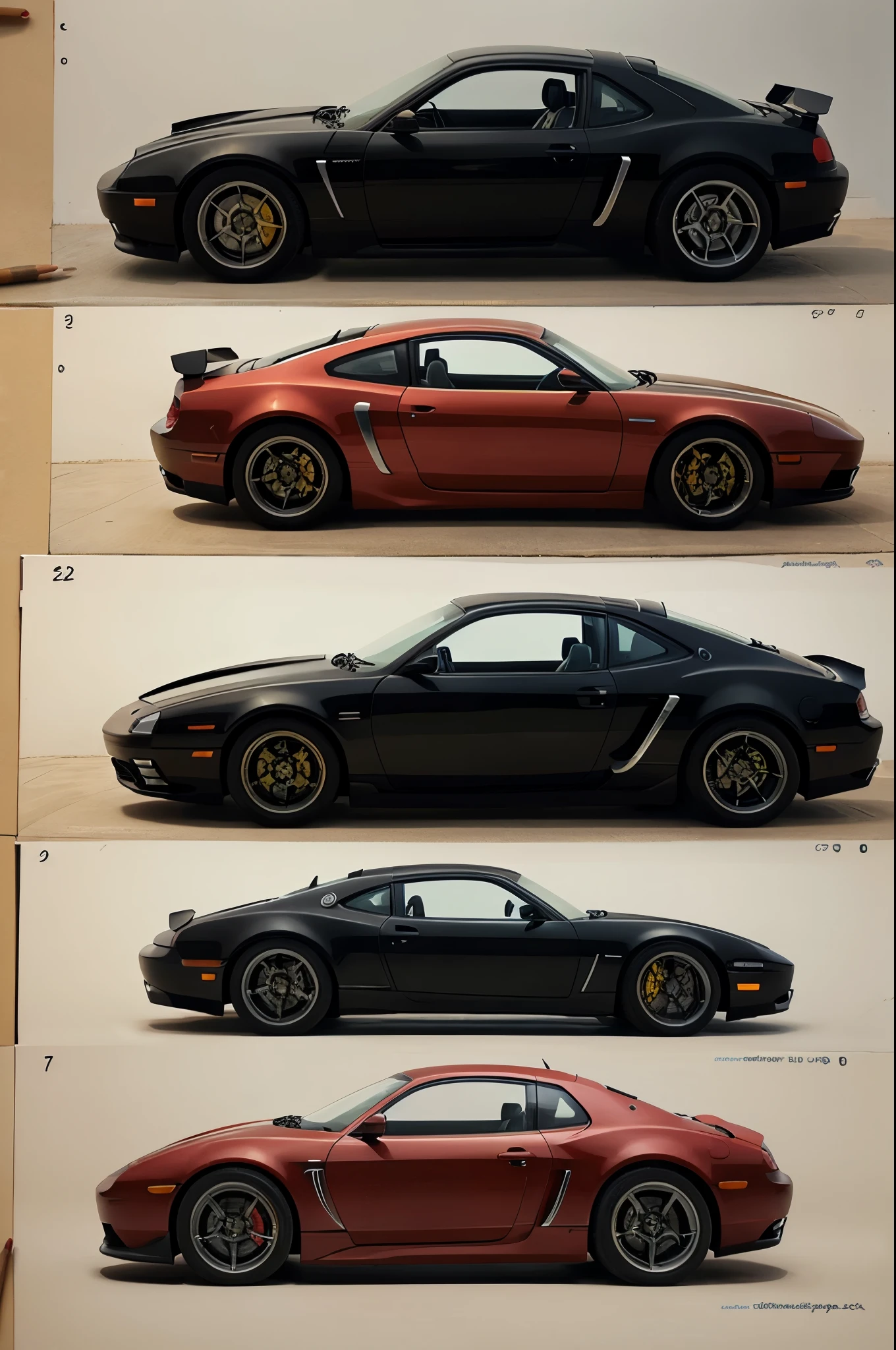 Draw a car with colored pencils, just outline the car in black and sketch a car from the front to the side and from the back a car from the future